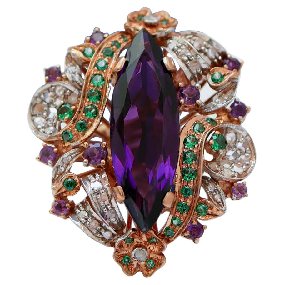 Améthystes, spinelles, diamants, bague en or rose et argent 14 carats.