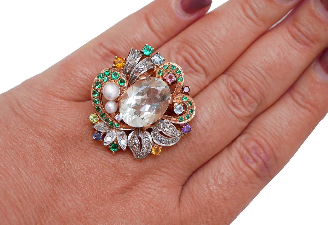 Anello con ametiste, spinello, topazio, diamanti, oro rosa 14 carati e argento. In condizioni buone in vendita a Marcianise, Marcianise (CE)