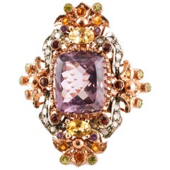Amethysts, Topazes, Garnets, Peridots, Diamonds, 9 Karat Gold and Silver Ring