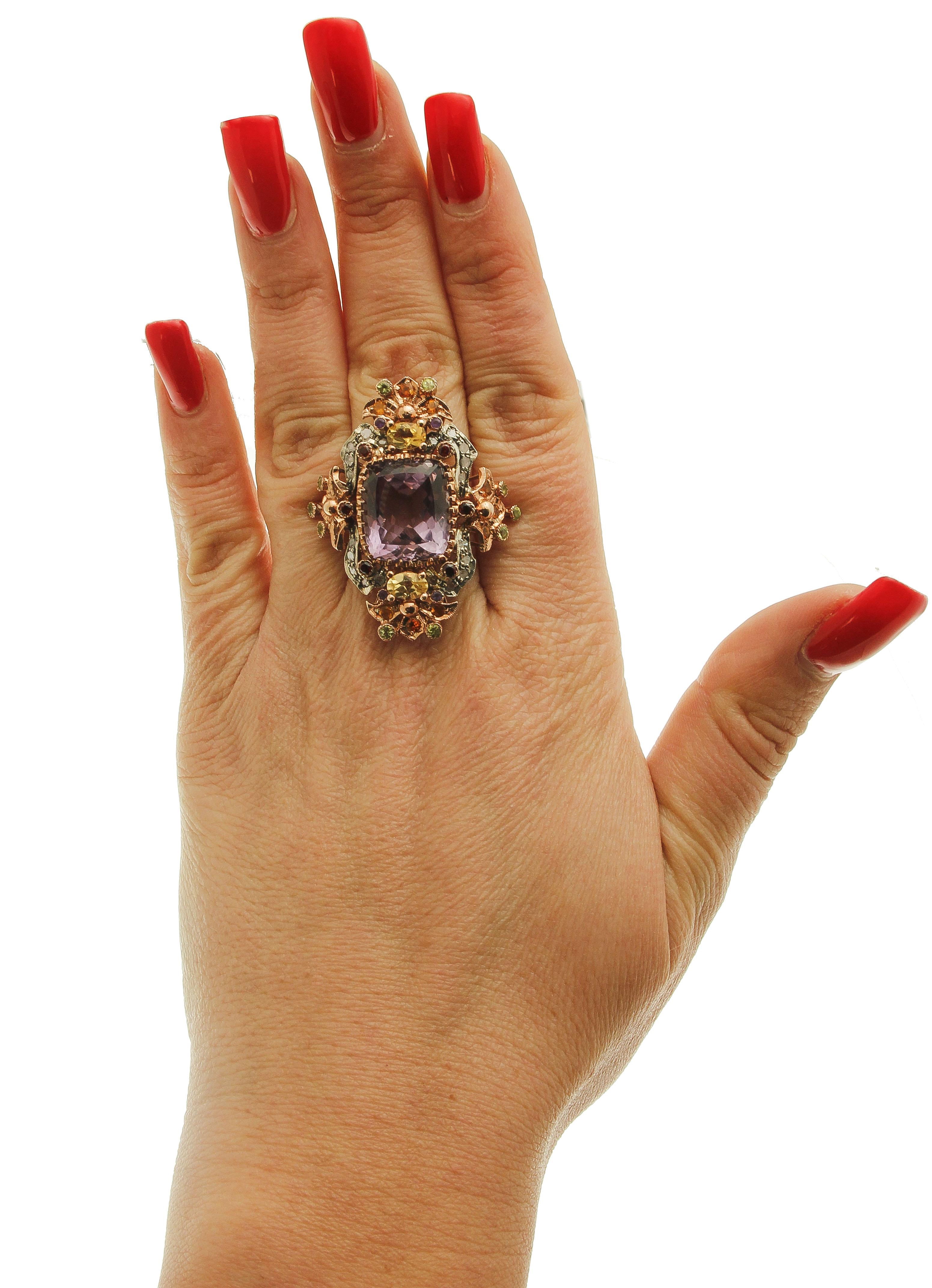 Mixed Cut Amethysts, Topazes, Garnets, Peridots, Diamonds, 9 Karat Gold and Silver Ring For Sale