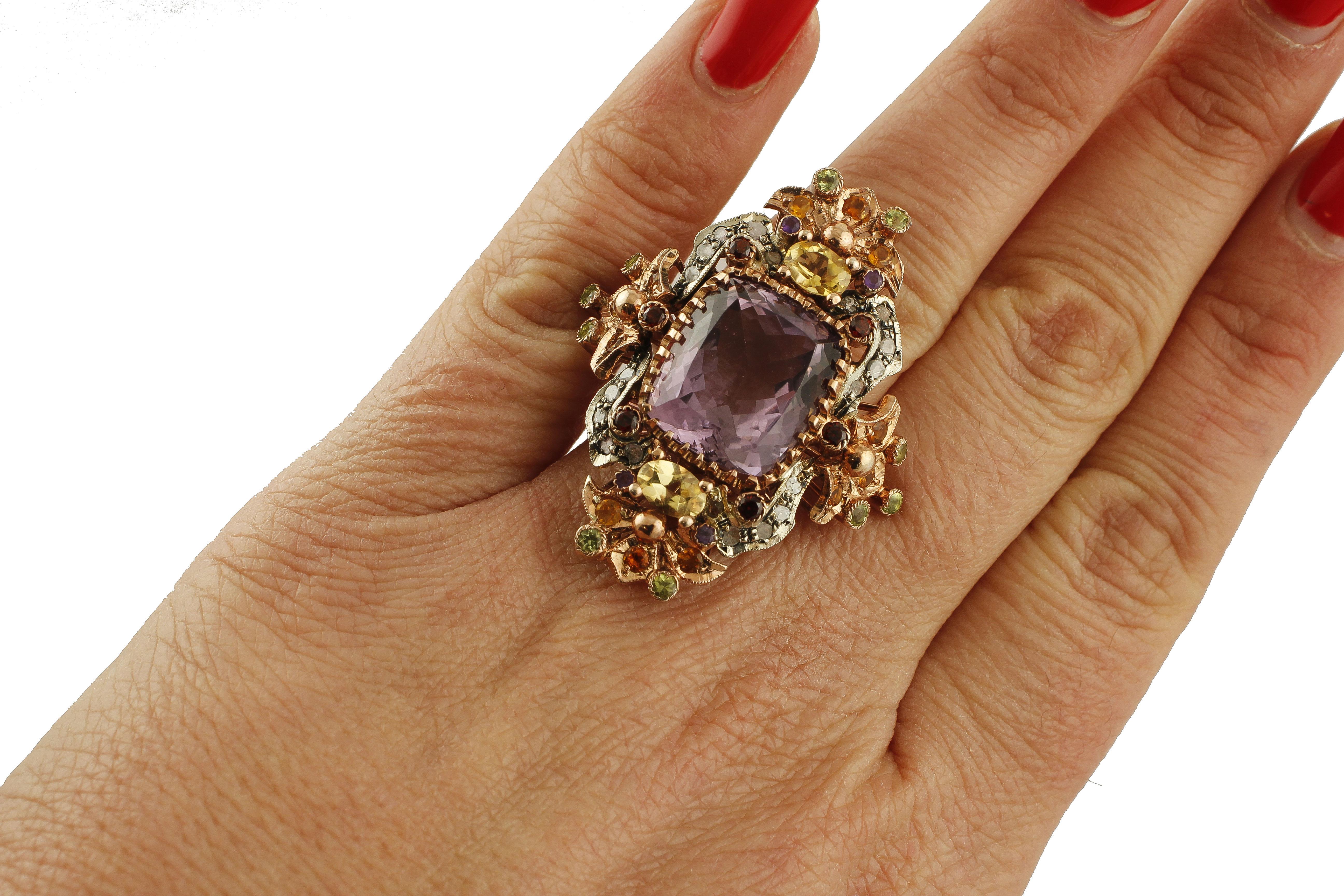 Women's Amethysts, Topazes, Garnets, Peridots, Diamonds, 9 Karat Gold and Silver Ring For Sale