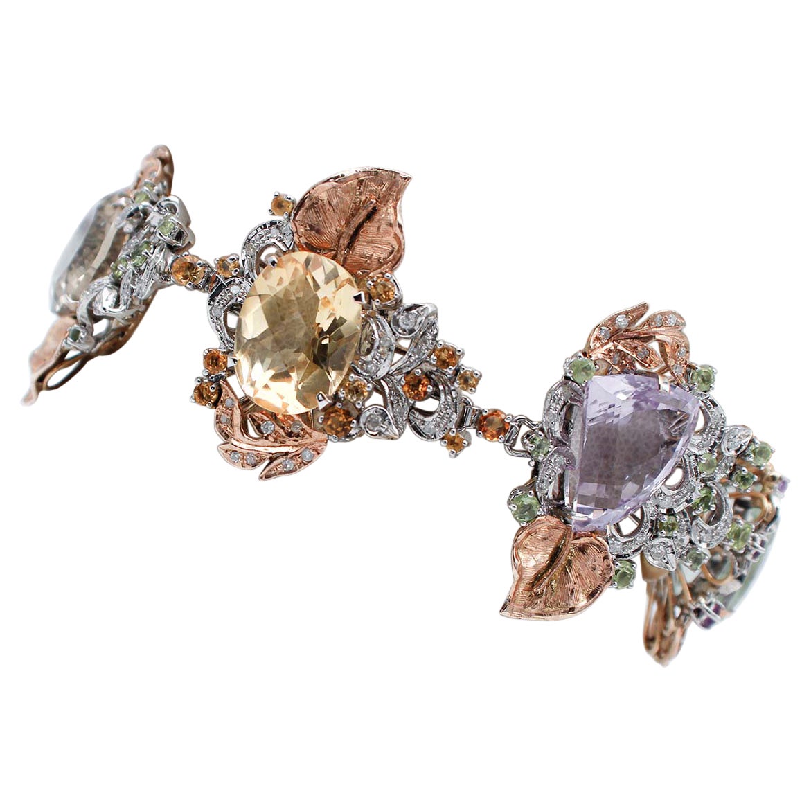 Ametiste, topazi, ametista verde, peridoti, bracciale in oro rosa e oro bianco in vendita