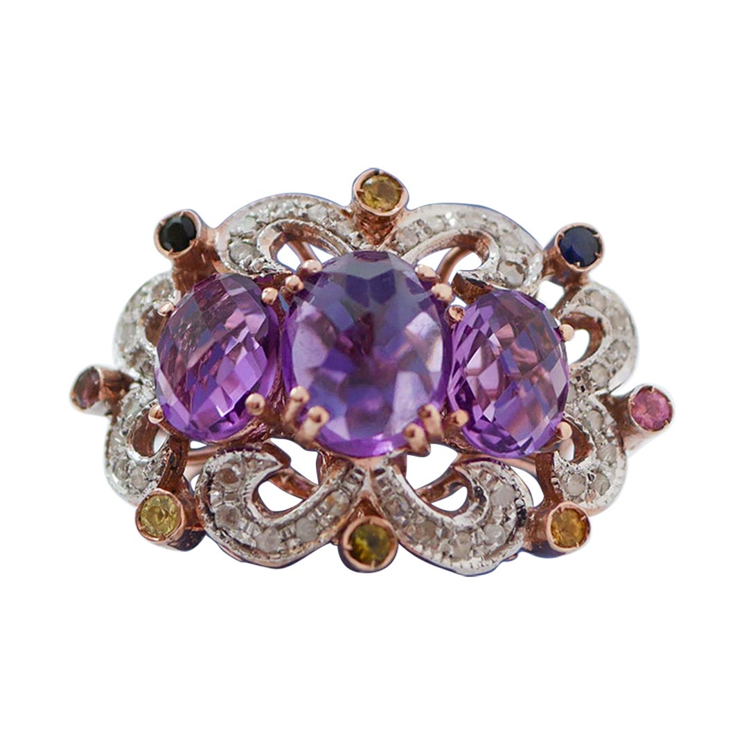 Améthystes, tourmaline, topaze, diamants, bague en or rose et argent. en vente