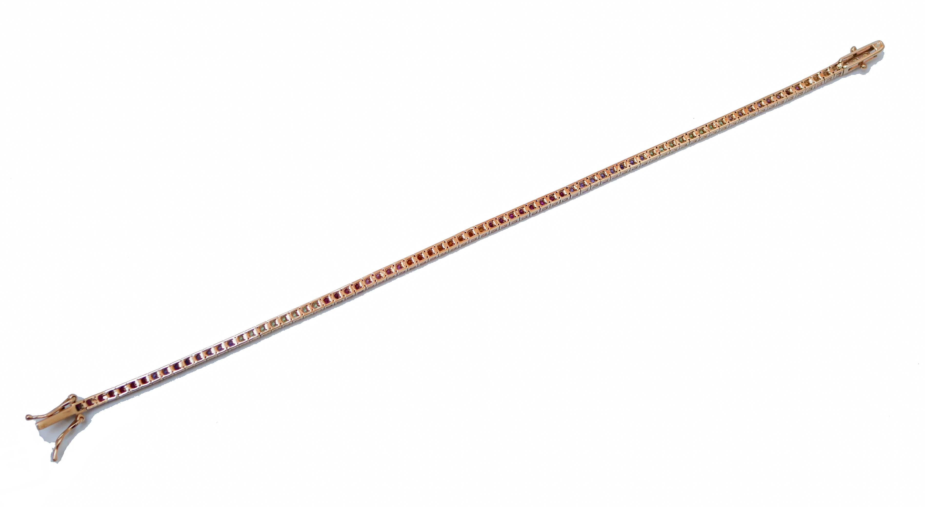 Rétro Bracelet tennis en or rose avec améthystes, tourmalines, topaze, péridots en vente