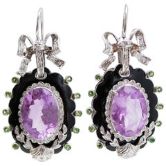 Amethysts, Tsavorite, Diamonds, Enamel, 14 Karat White Gold Earrings.