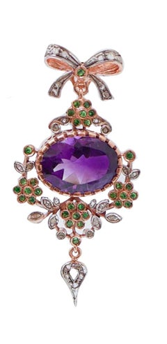 Amethysts, Tsavorite, Diamonds, Rose Gold and Silver Earrings.