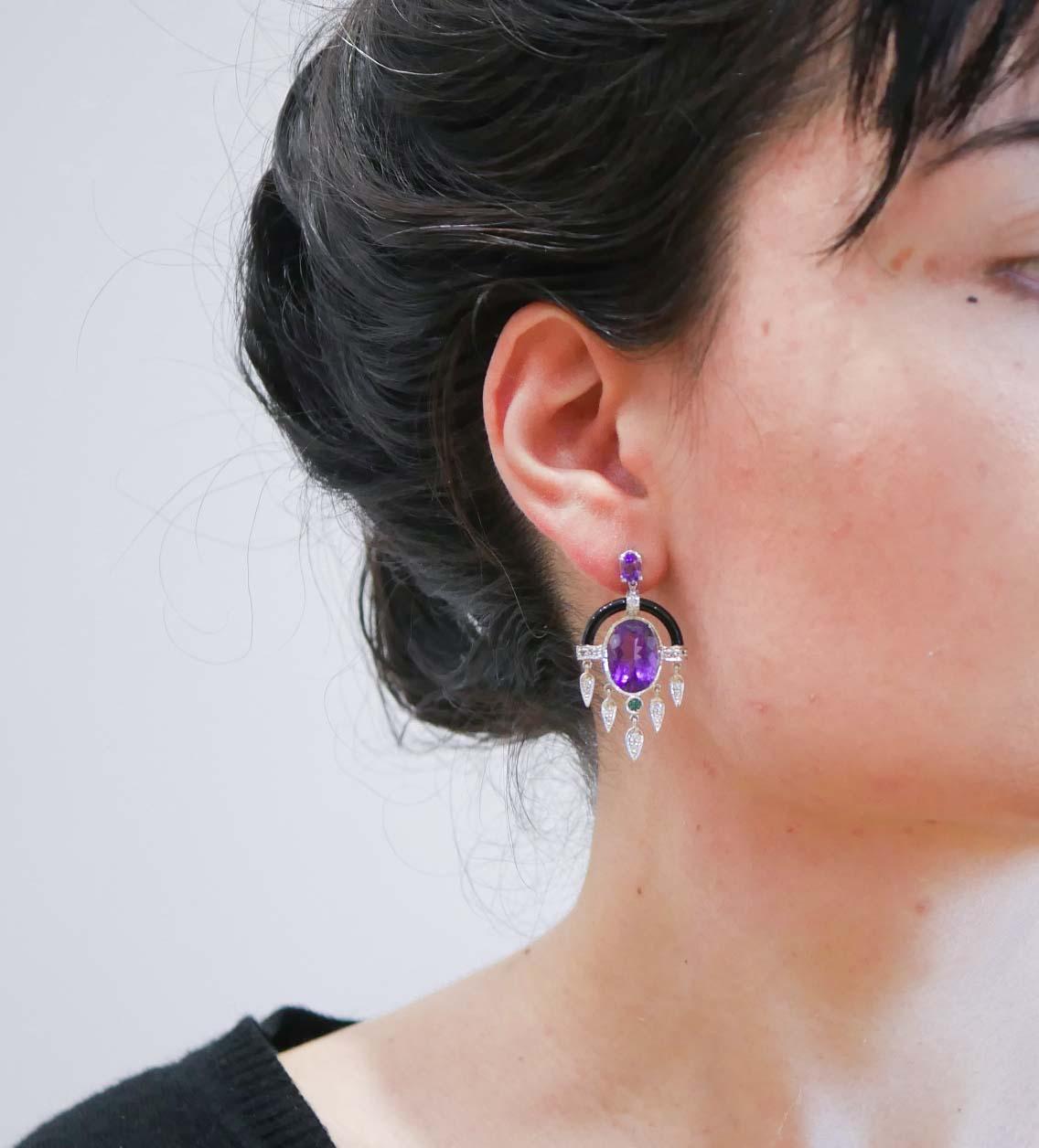 Mixed Cut Amethysts, Tsavorite, Onyx, Diamonds, Platinum Earrings. For Sale