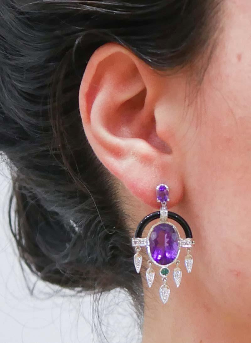 Amethysts, Tsavorite, Onyx, Diamonds, Platinum Earrings. In Good Condition For Sale In Marcianise, Marcianise (CE)