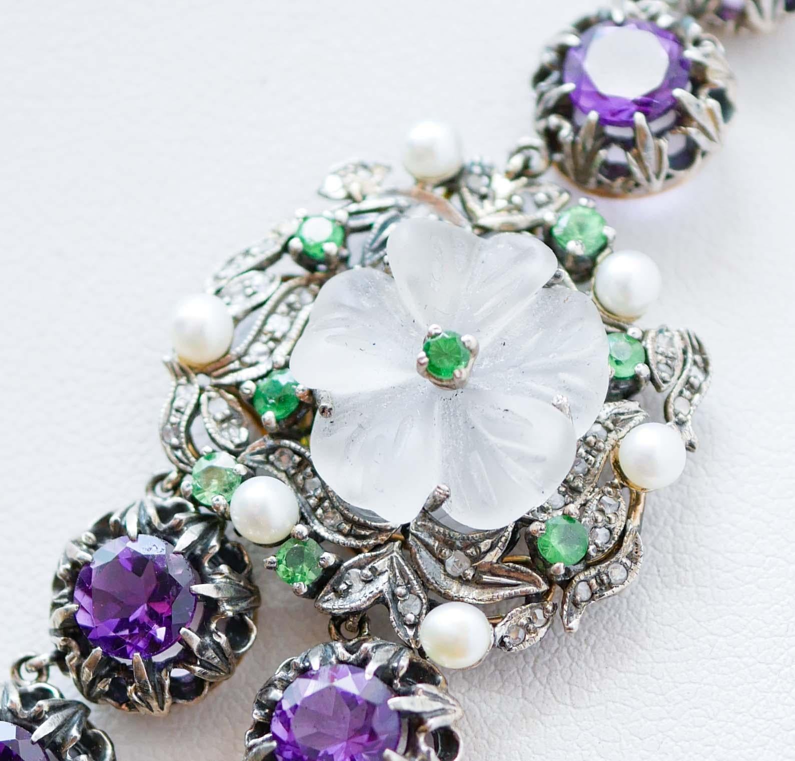 Retro Amethysts, Tsavorite, Rock Crystal, Diamonds, Pearls, Gold and Silver Necklace. For Sale