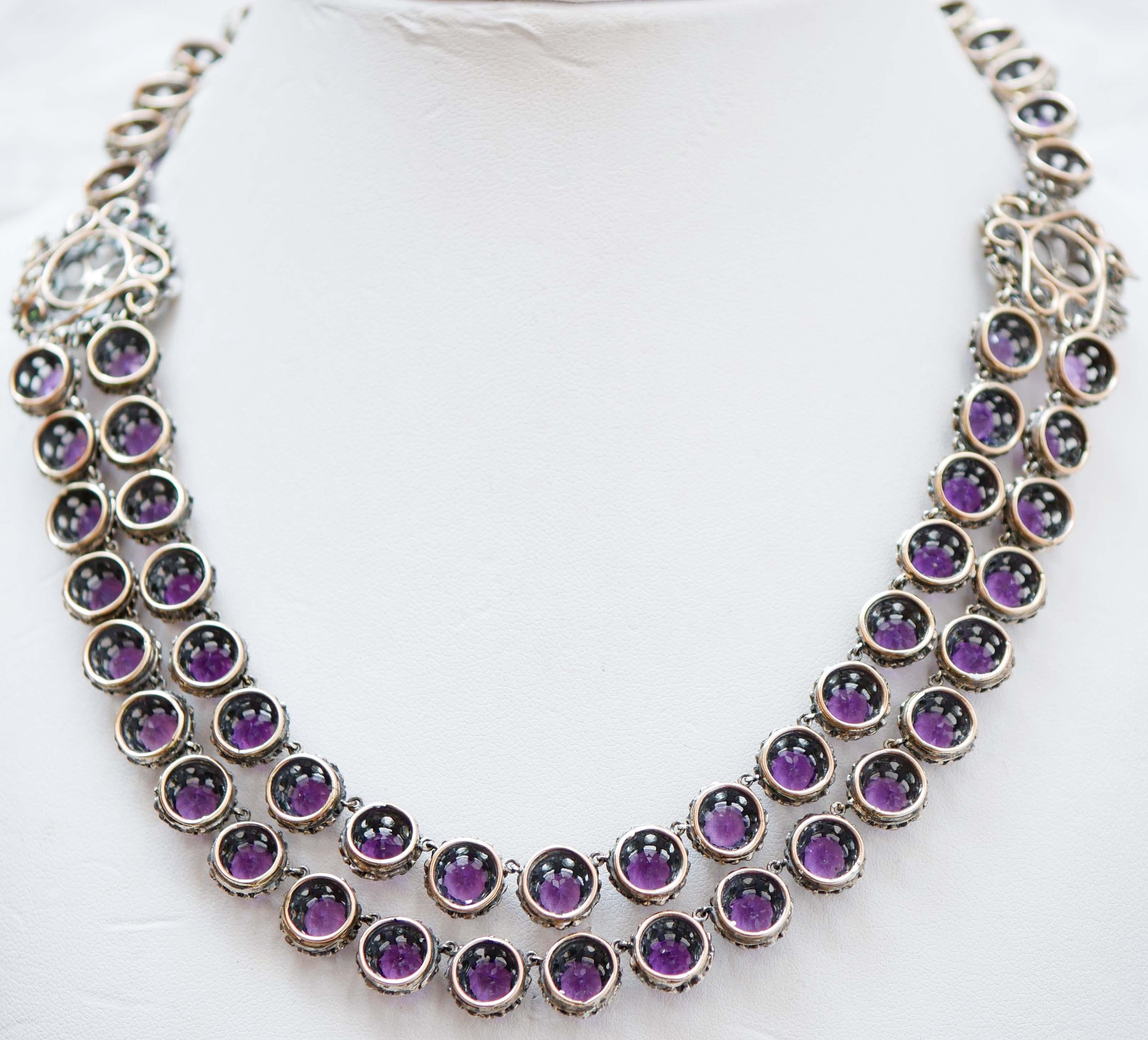 Mixed Cut Amethysts, Tsavorite, Rock Crystal, Diamonds, Pearls, Gold and Silver Necklace. For Sale