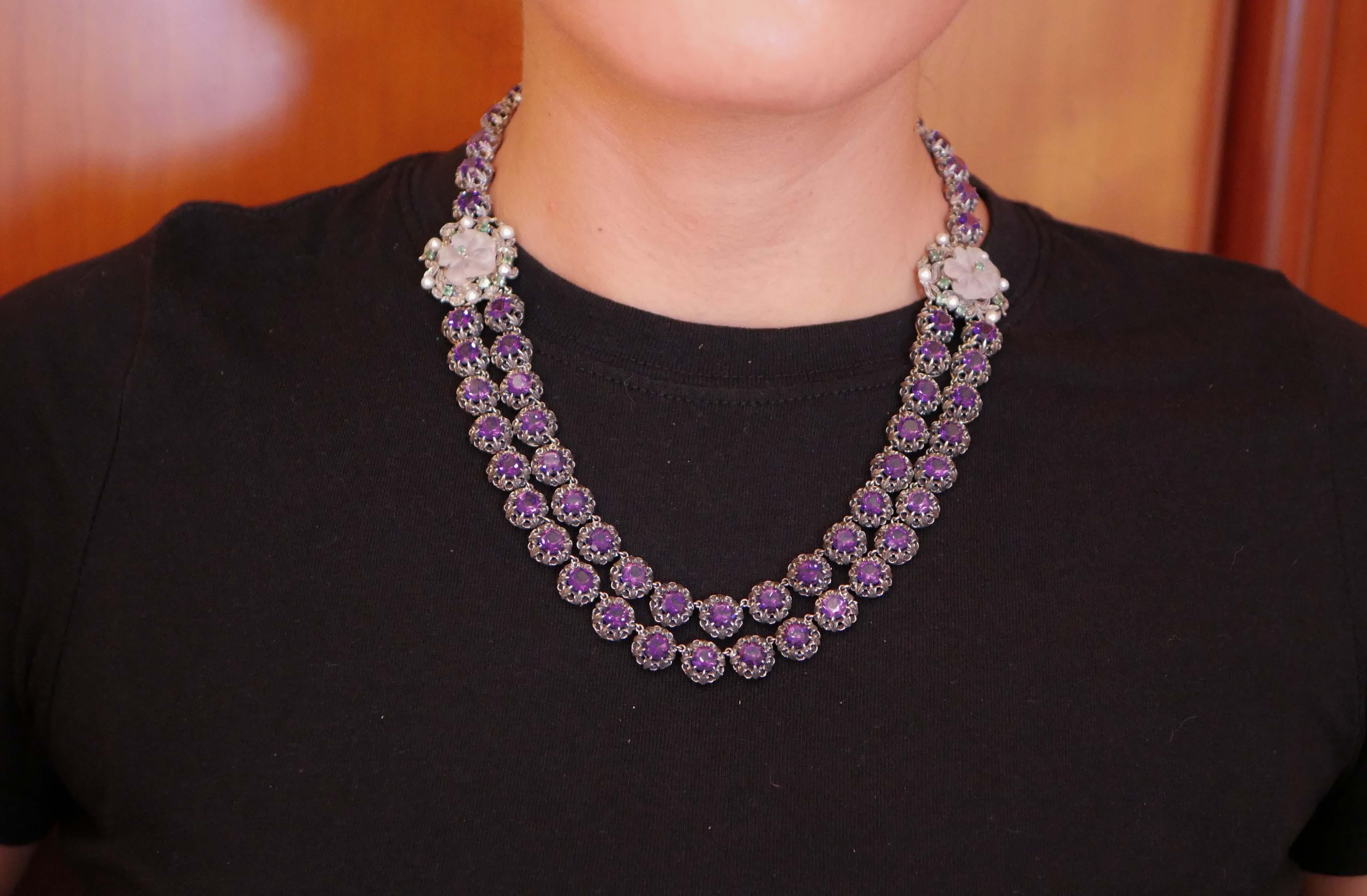 Amethysts, Tsavorite, Rock Crystal, Diamonds, Pearls, Gold and Silver Necklace. In Good Condition For Sale In Marcianise, Marcianise (CE)