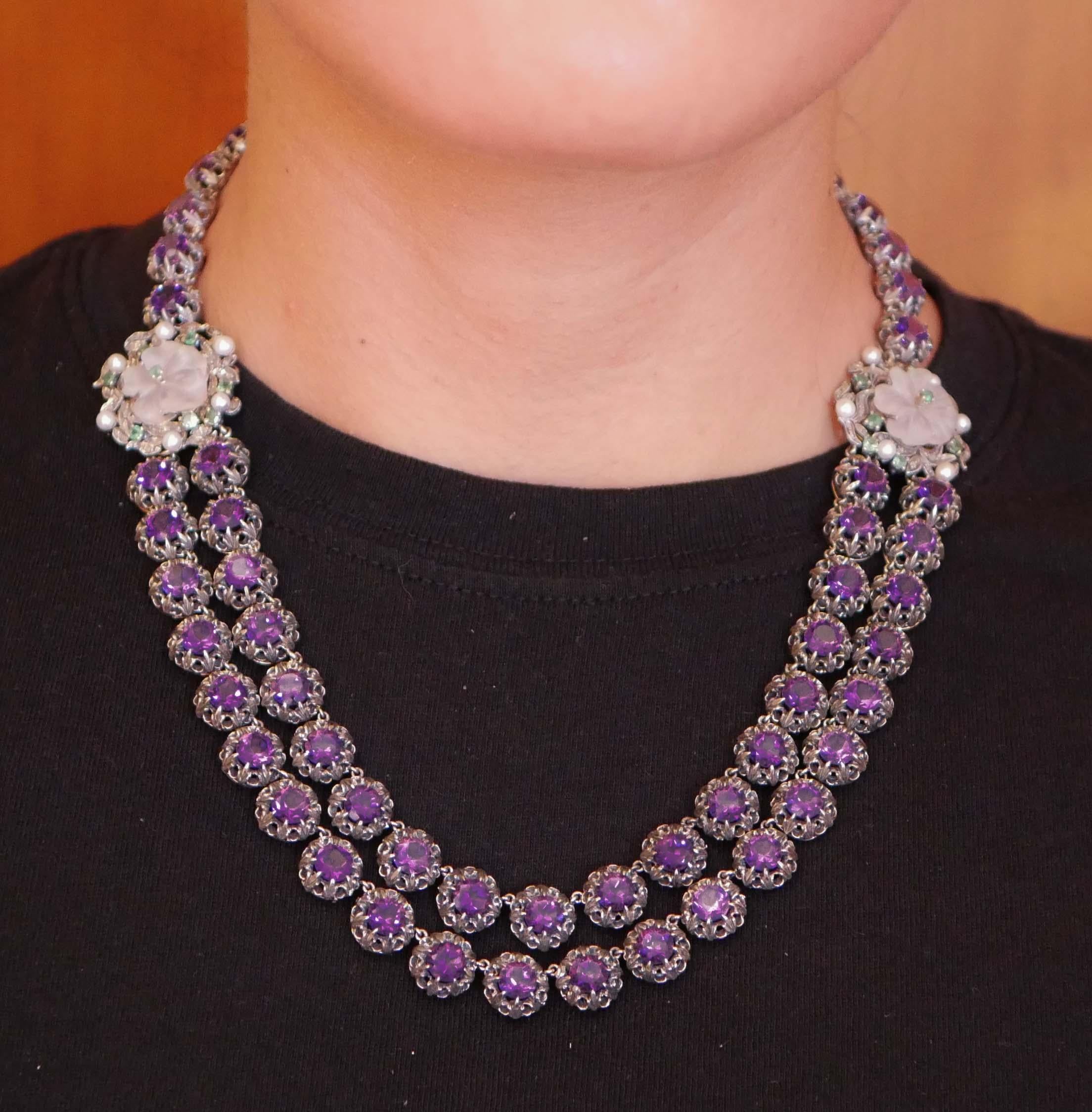 Women's Amethysts, Tsavorite, Rock Crystal, Diamonds, Pearls, Gold and Silver Necklace. For Sale