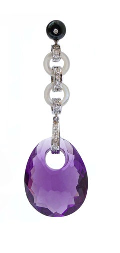 Amethysts, White Stones, Diamonds, Onyx, Platinum Earrings.