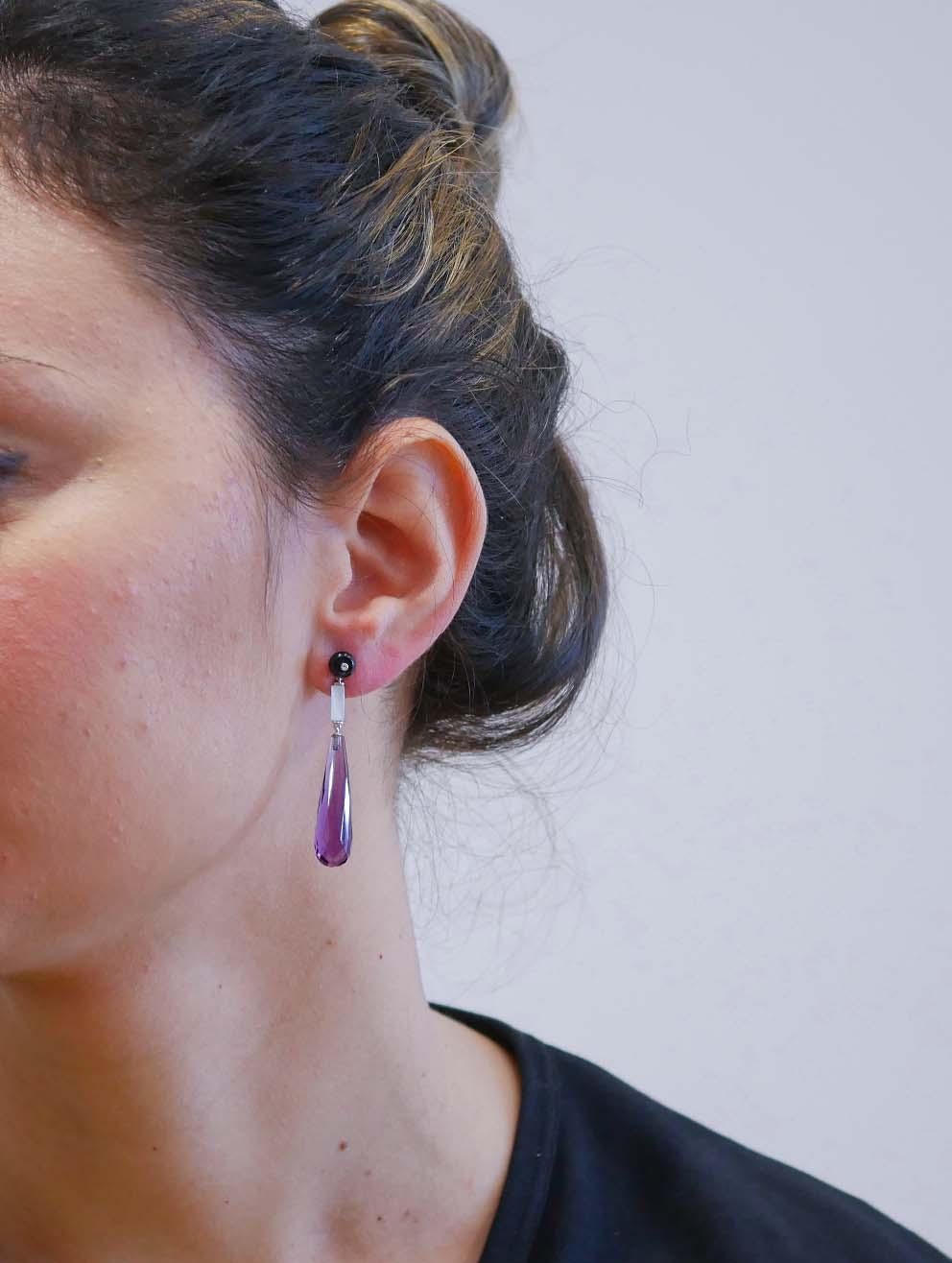 Mixed Cut Amethysts, White Stones, Onyx, Diamonds, Platinum Earrings. For Sale