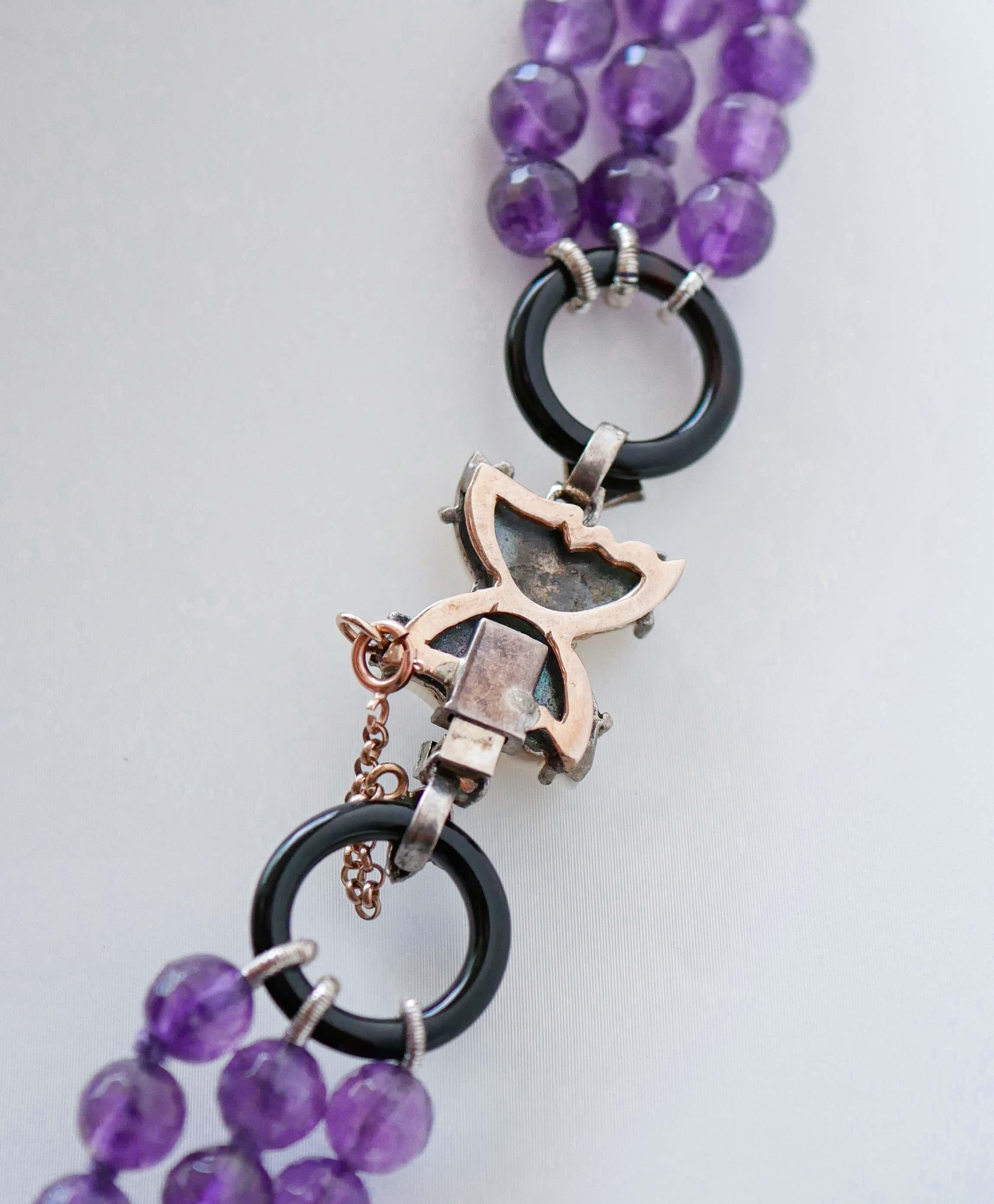 Mixed Cut Amethysts, White Stones, Rubies, Onyx, Rose Gold and Silver Retrò Necklace For Sale