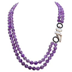 Collier d'améthystes, de pierres blanches, de rubis, d'onyx, d'or rose et d'argent Retrò