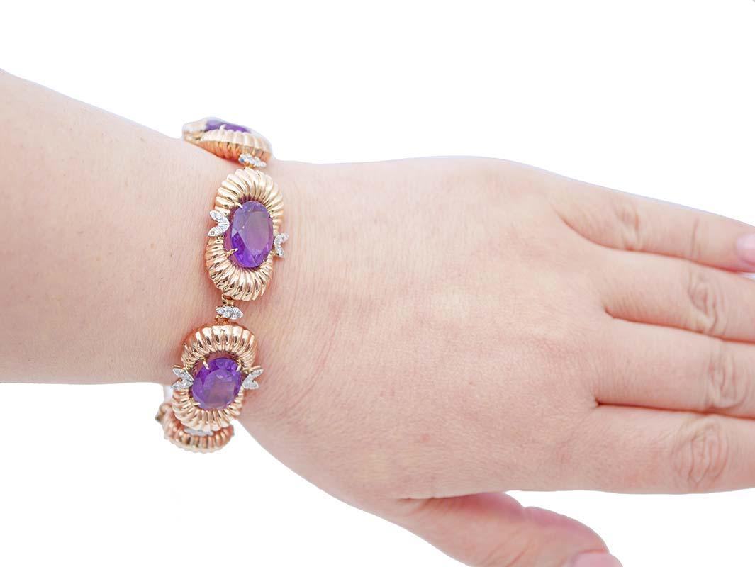 Mixed Cut Amethysts, Diamonds, 14 Karat Rose and White Gold Bracelet. For Sale