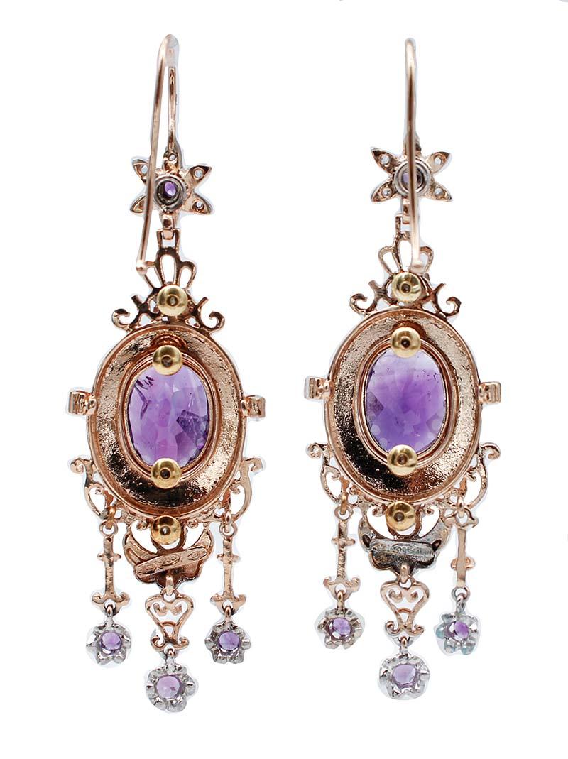 Retro Amethysts, Diamonds, Enamel, 9 Karat Rose Gold and Silver Dangle Earrings For Sale