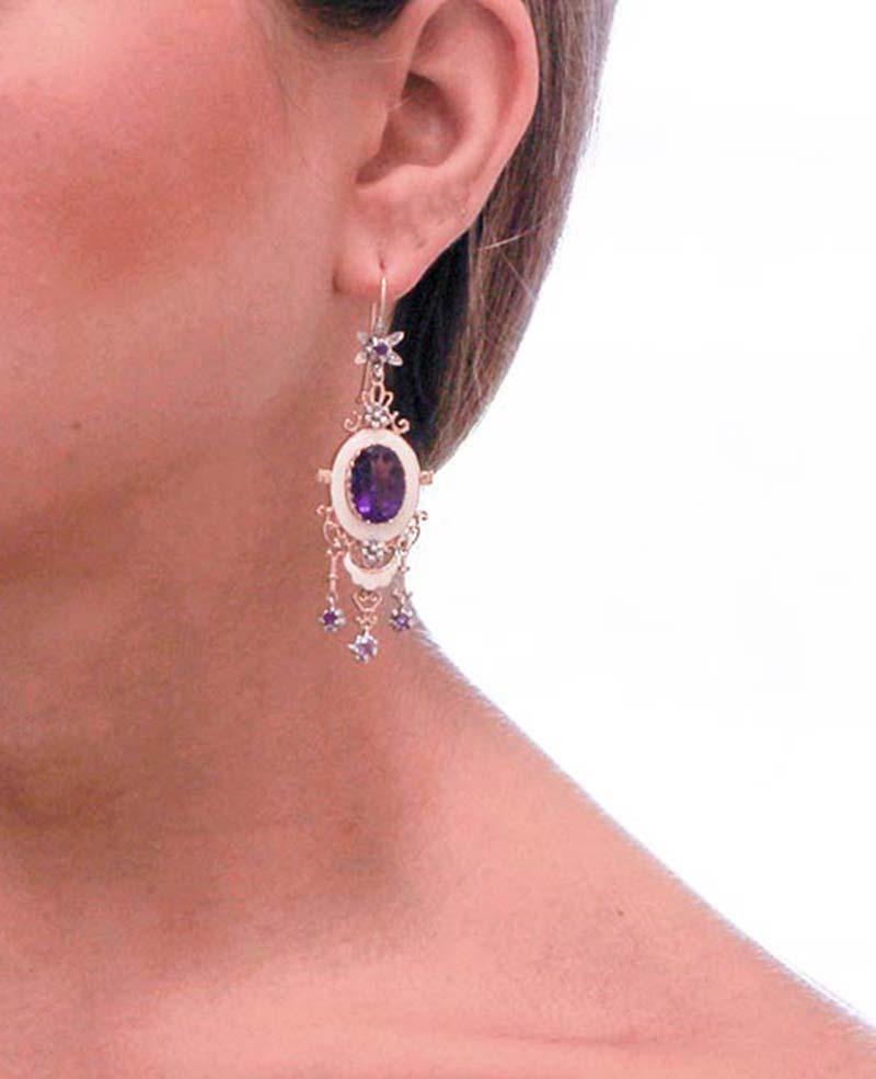 Women's Amethysts, Diamonds, Enamel, 9 Karat Rose Gold and Silver Dangle Earrings For Sale