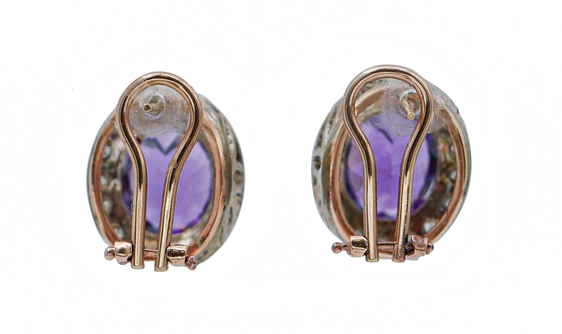 Retro Amethysts, Diamonds, Rose Gold and Silver Earrings For Sale