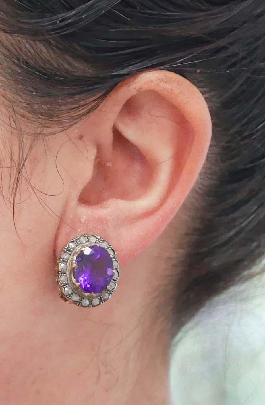 Mixed Cut Amethysts, Diamonds, Rose Gold and Silver Earrings For Sale
