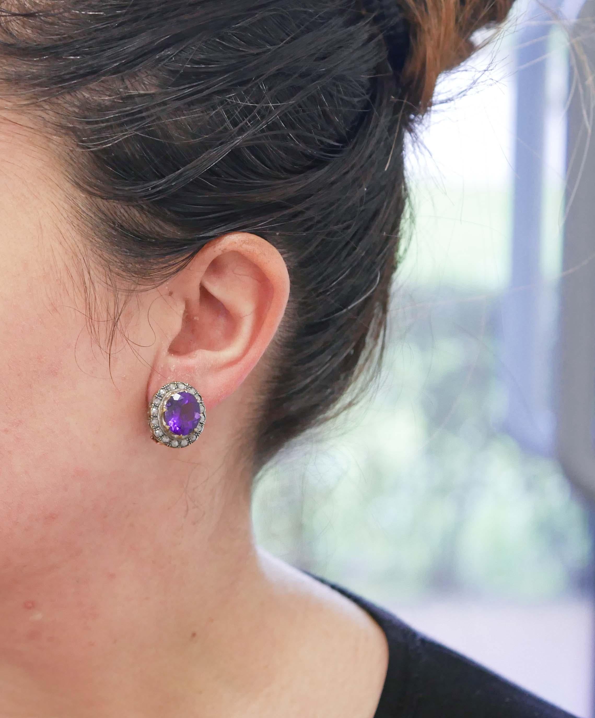 Amethysts, Diamonds, Rose Gold and Silver Earrings In Good Condition For Sale In Marcianise, Marcianise (CE)