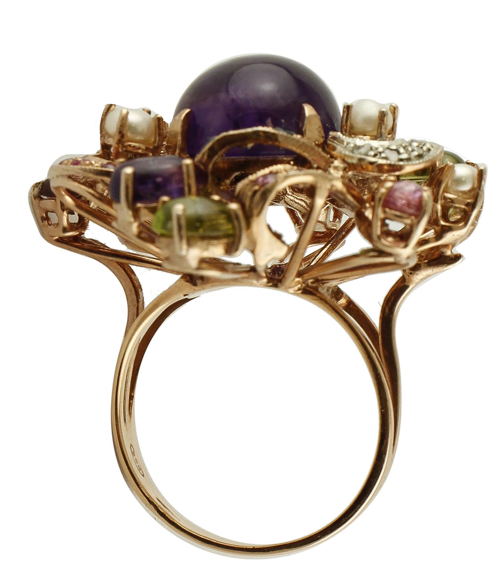 Amethysts, Diamonds, Rubies, Sapphires, Peridot, Garnets, Pearls, Rose Gold&Silver Ring In Good Condition In Marcianise, Marcianise (CE)