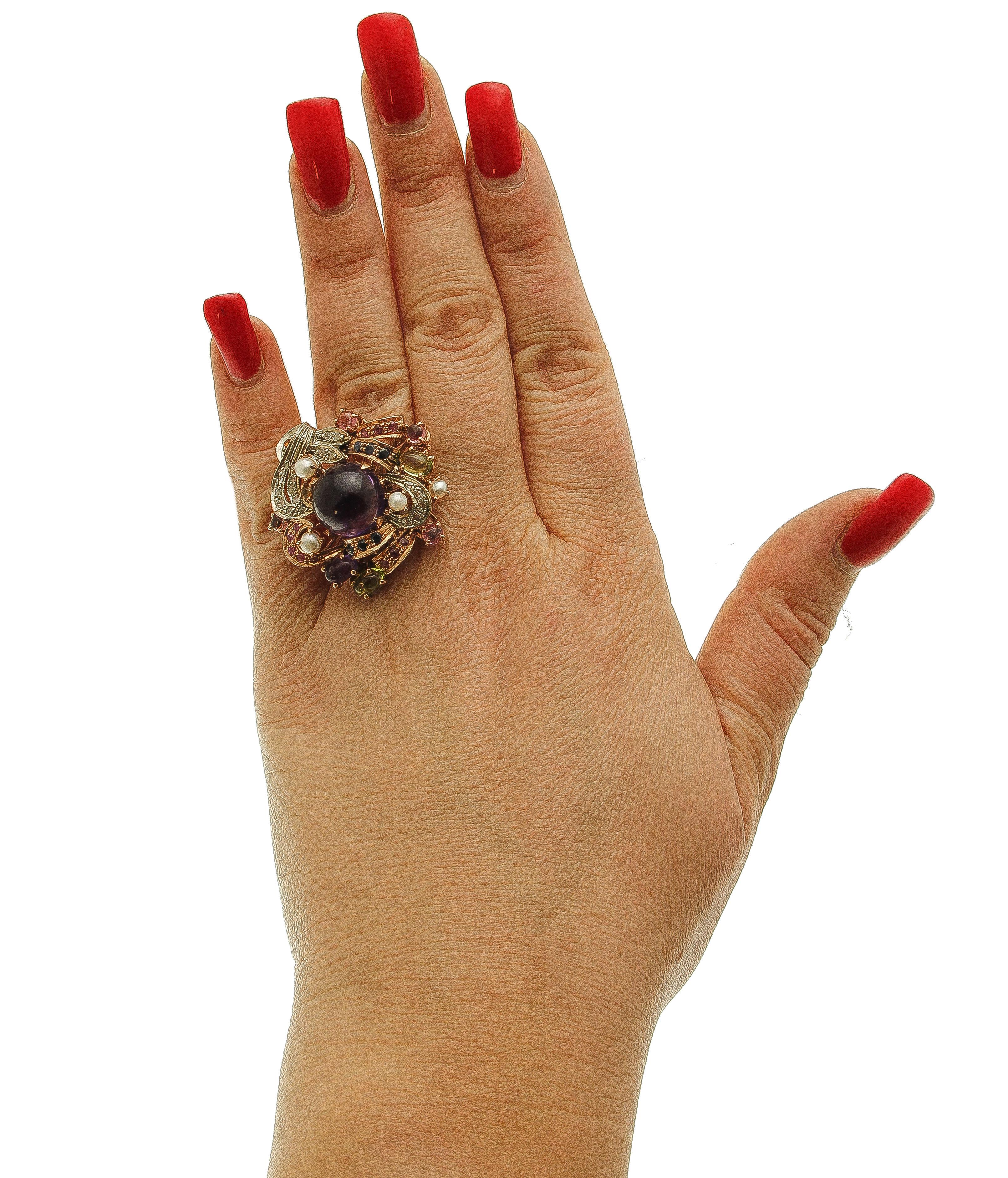 Women's Amethysts, Diamonds, Rubies, Sapphires, Peridot, Garnets, Pearls, Rose Gold&Silver Ring