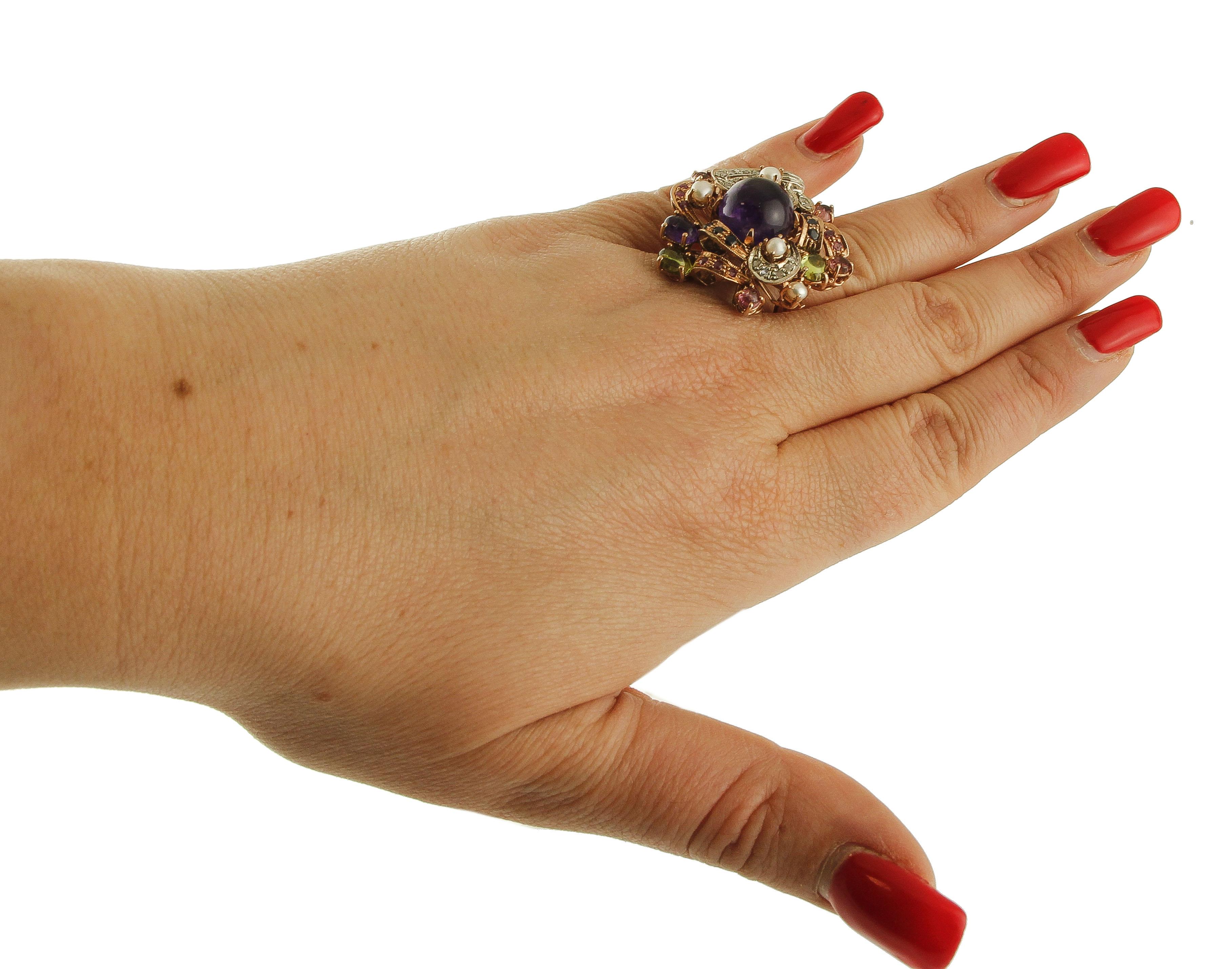 Amethysts, Diamonds, Rubies, Sapphires, Peridot, Garnets, Pearls, Rose Gold&Silver Ring 1