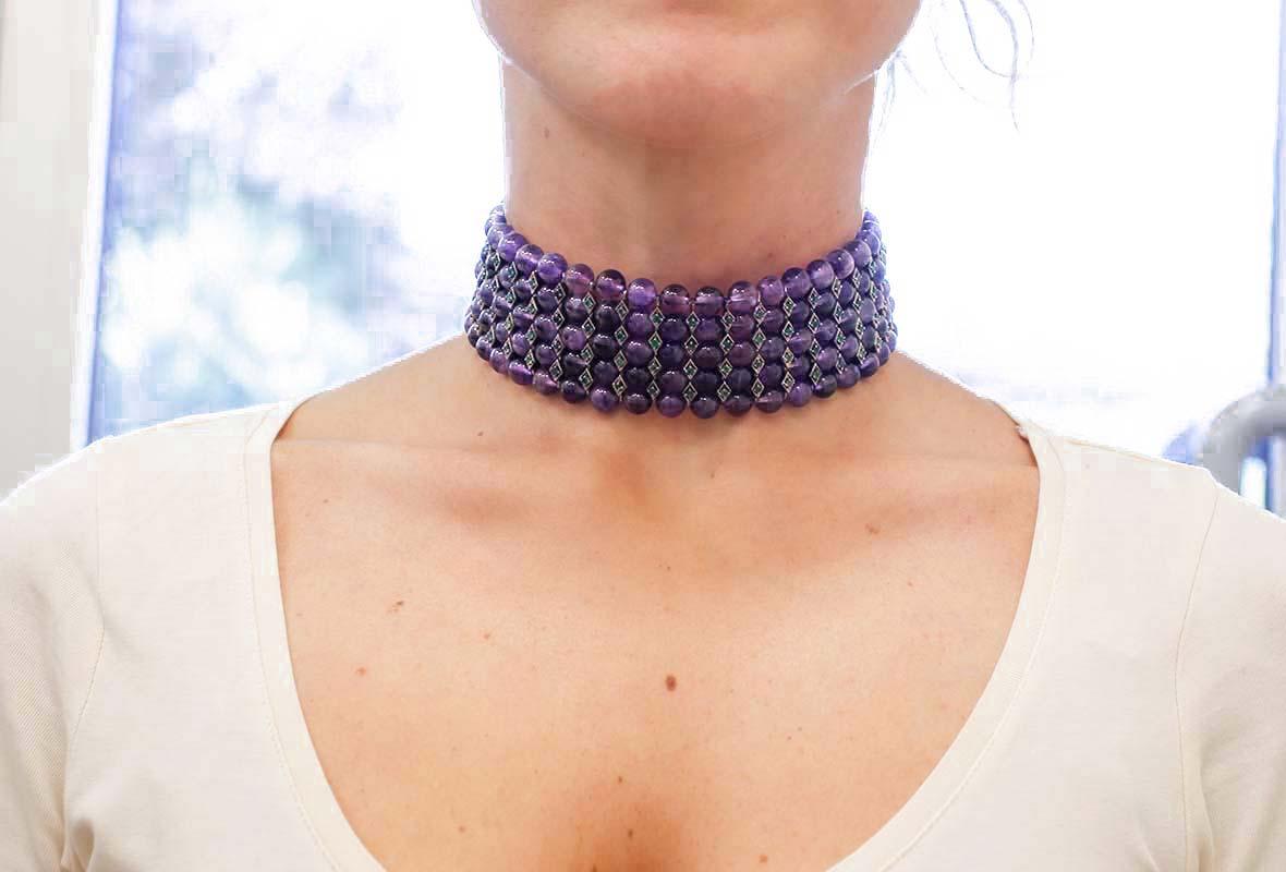 Amethysts, Emeralds, 9 Karat Rose Gold and Silver Choker Necklace In Good Condition In Marcianise, Marcianise (CE)