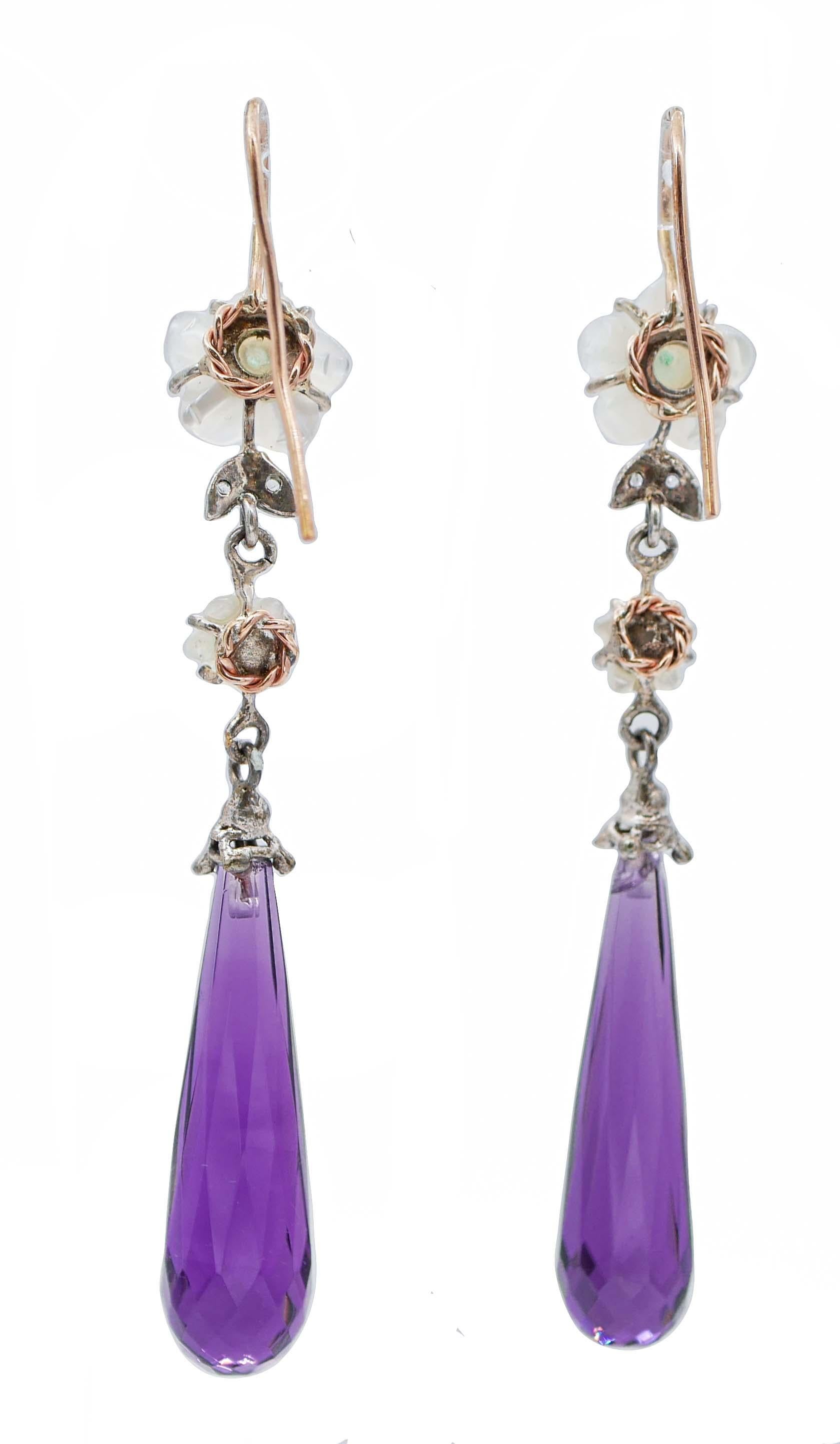 Retro Amethysts, Emeralds, Diamonds, White Stones, Rose Gold and Silver Earrings For Sale