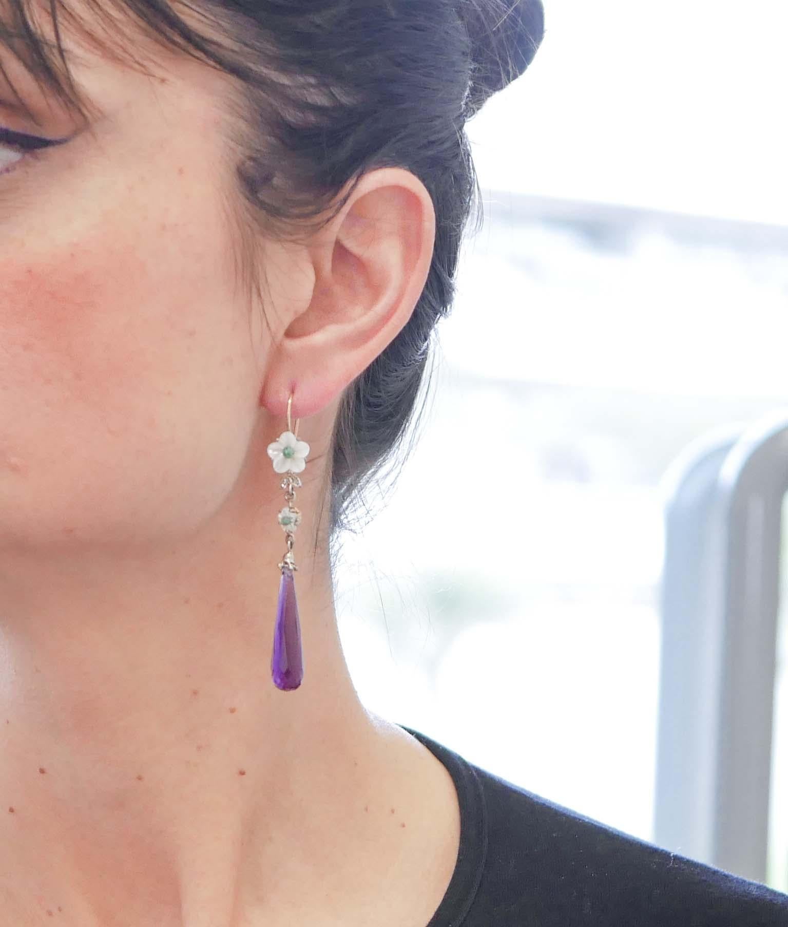 Mixed Cut Amethysts, Emeralds, Diamonds, White Stones, Rose Gold and Silver Earrings For Sale