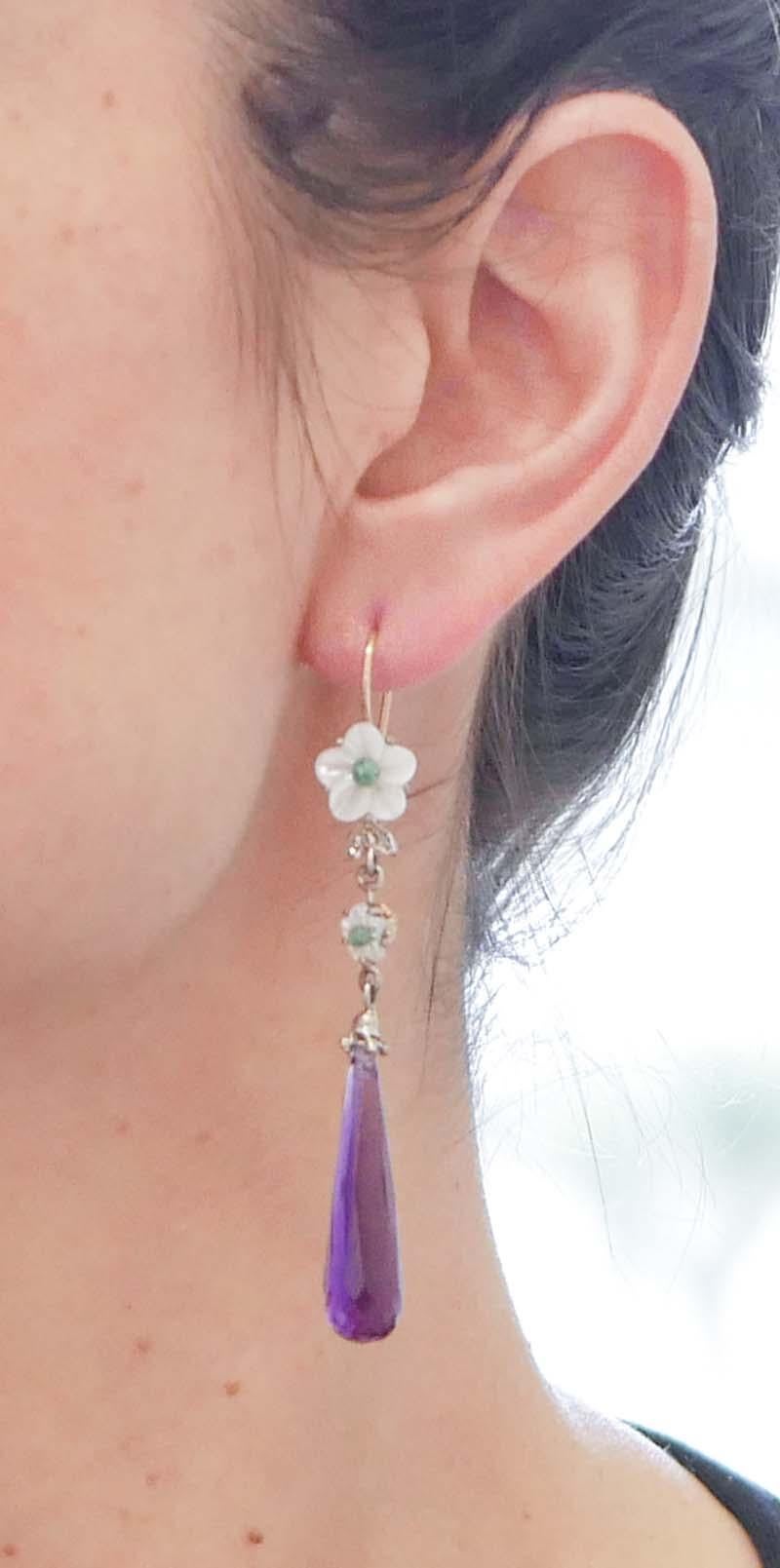 Amethysts, Emeralds, Diamonds, White Stones, Rose Gold and Silver Earrings In Good Condition For Sale In Marcianise, Marcianise (CE)