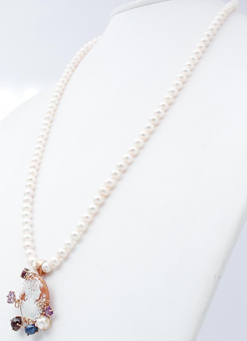 Retro Amethysts Garnets Stone Pearls, Cameo, 9Kt Rose Gold and Silver Pendant Necklace