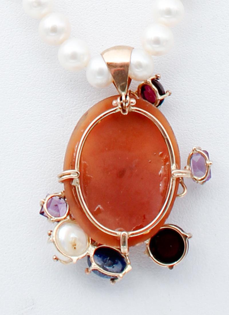 Mixed Cut Amethysts Garnets Stone Pearls, Cameo, 9Kt Rose Gold and Silver Pendant Necklace