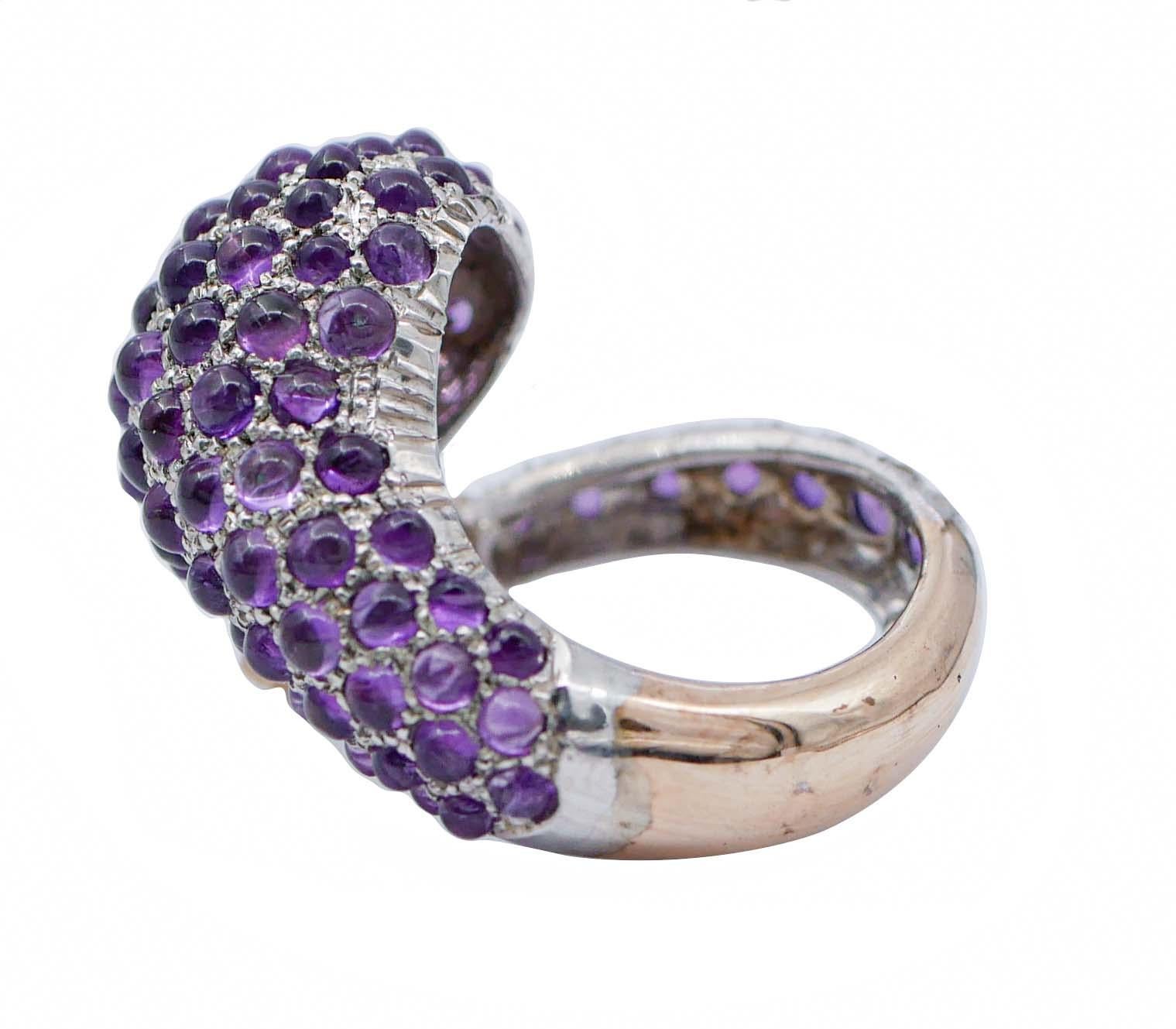 Retro Amethysts, Green Stones, Diamonds, Rose Gold and Silver Snake Ring
