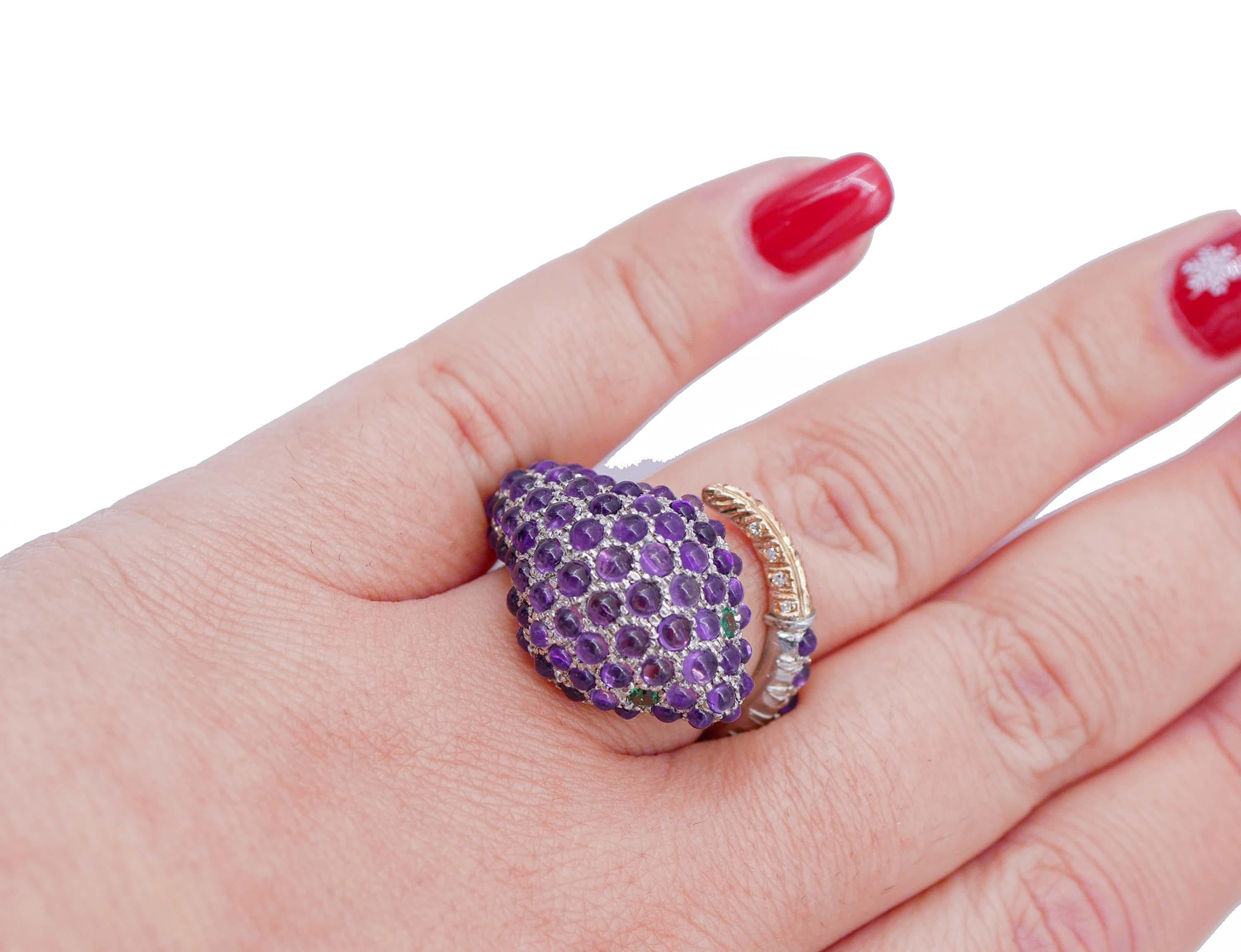 Amethysts, Green Stones, Diamonds, Rose Gold and Silver Snake Ring In Good Condition In Marcianise, Marcianise (CE)