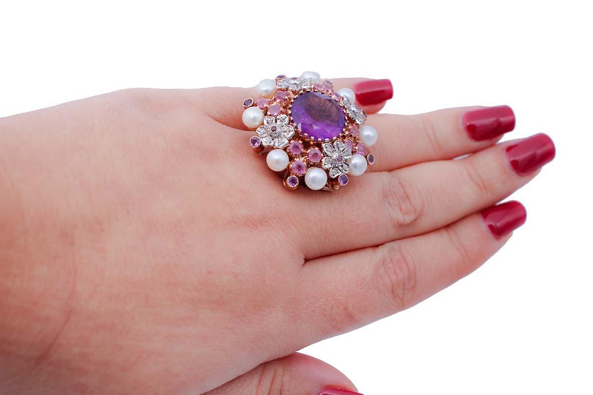 Amethysts, Rubies, Diamonds, Pearls, 9 Karat Rose Gold and Silver Ring In Good Condition In Marcianise, Marcianise (CE)