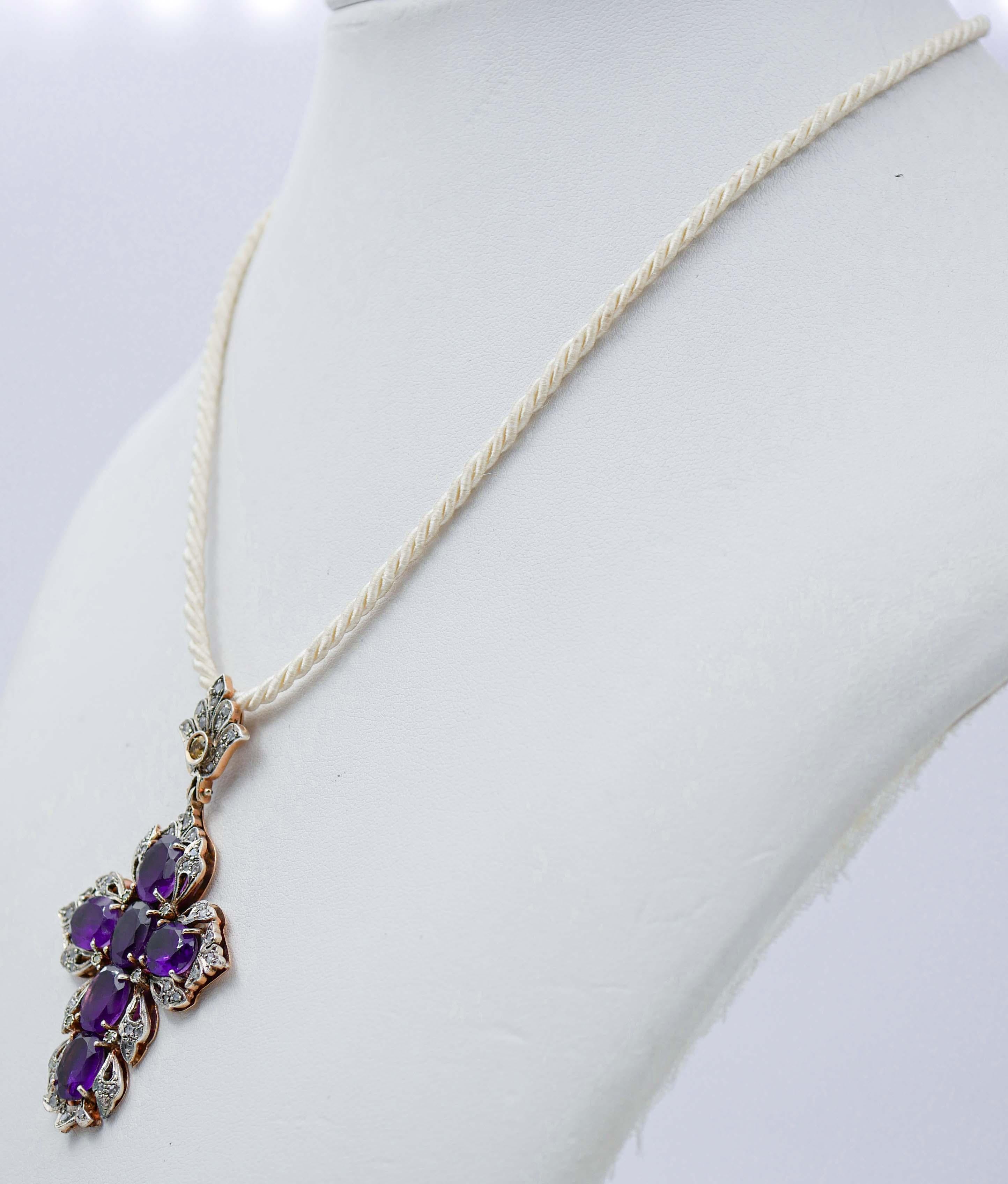 Retro Amethyst, Topaz, Diamond, Rose Gold and Silver Cross Pendant Necklace For Sale