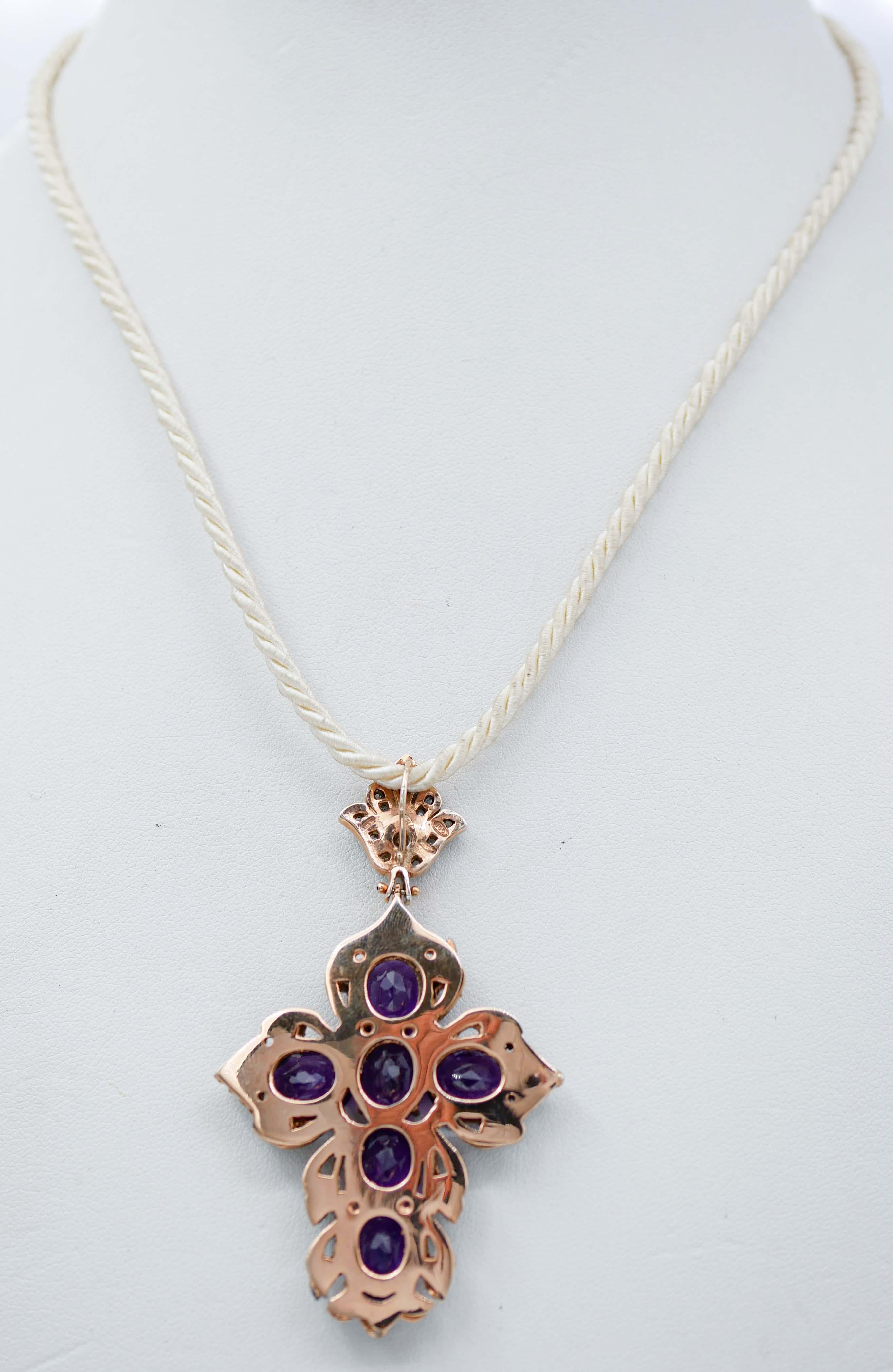 Mixed Cut Amethyst, Topaz, Diamond, Rose Gold and Silver Cross Pendant Necklace For Sale