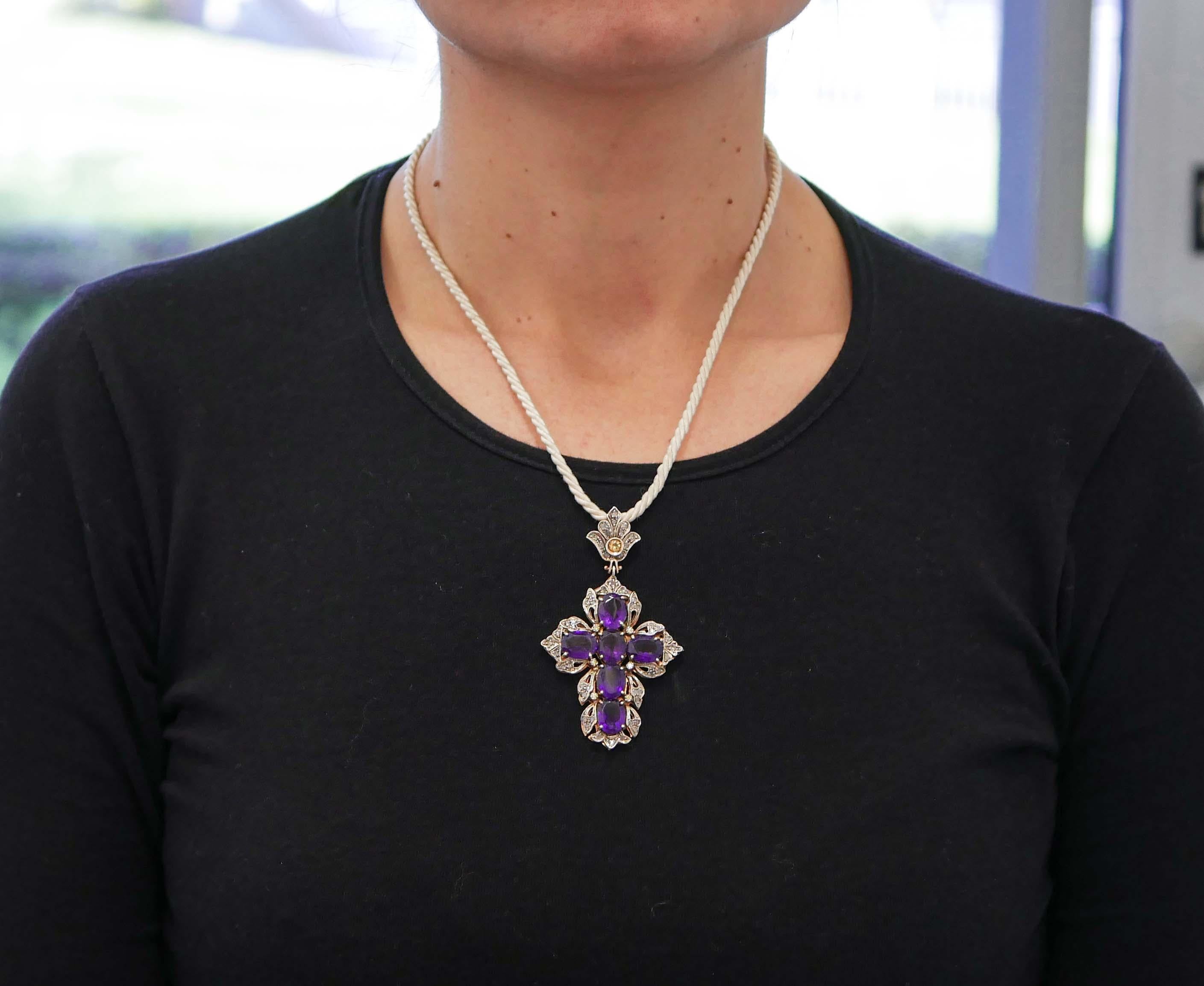 Amethyst, Topaz, Diamond, Rose Gold and Silver Cross Pendant Necklace In Good Condition For Sale In Marcianise, Marcianise (CE)