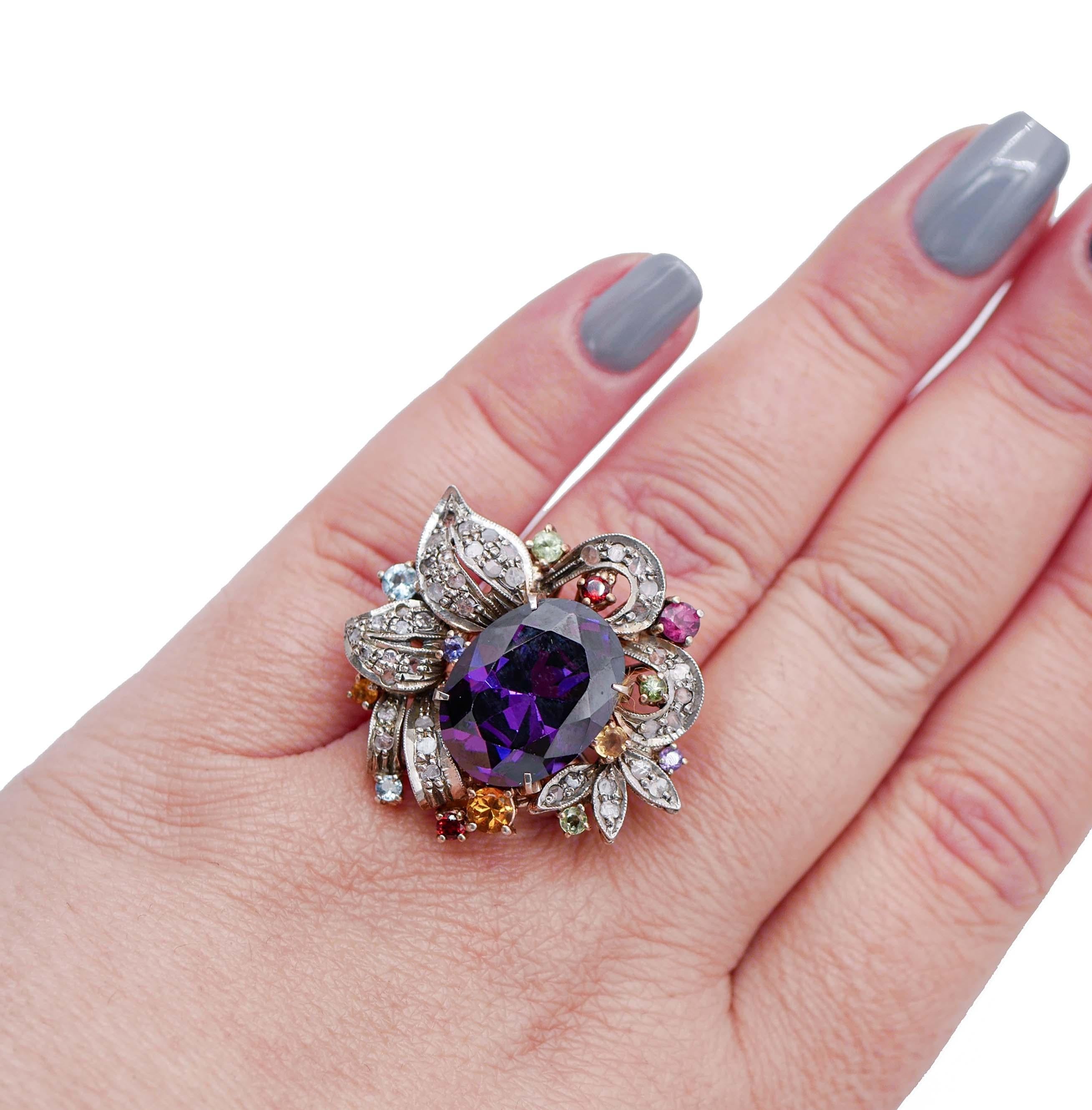 Amethysts, Topazs, Garnets, Peridots, Rose Gold and Silver Retrò Ring In Good Condition In Marcianise, Marcianise (CE)