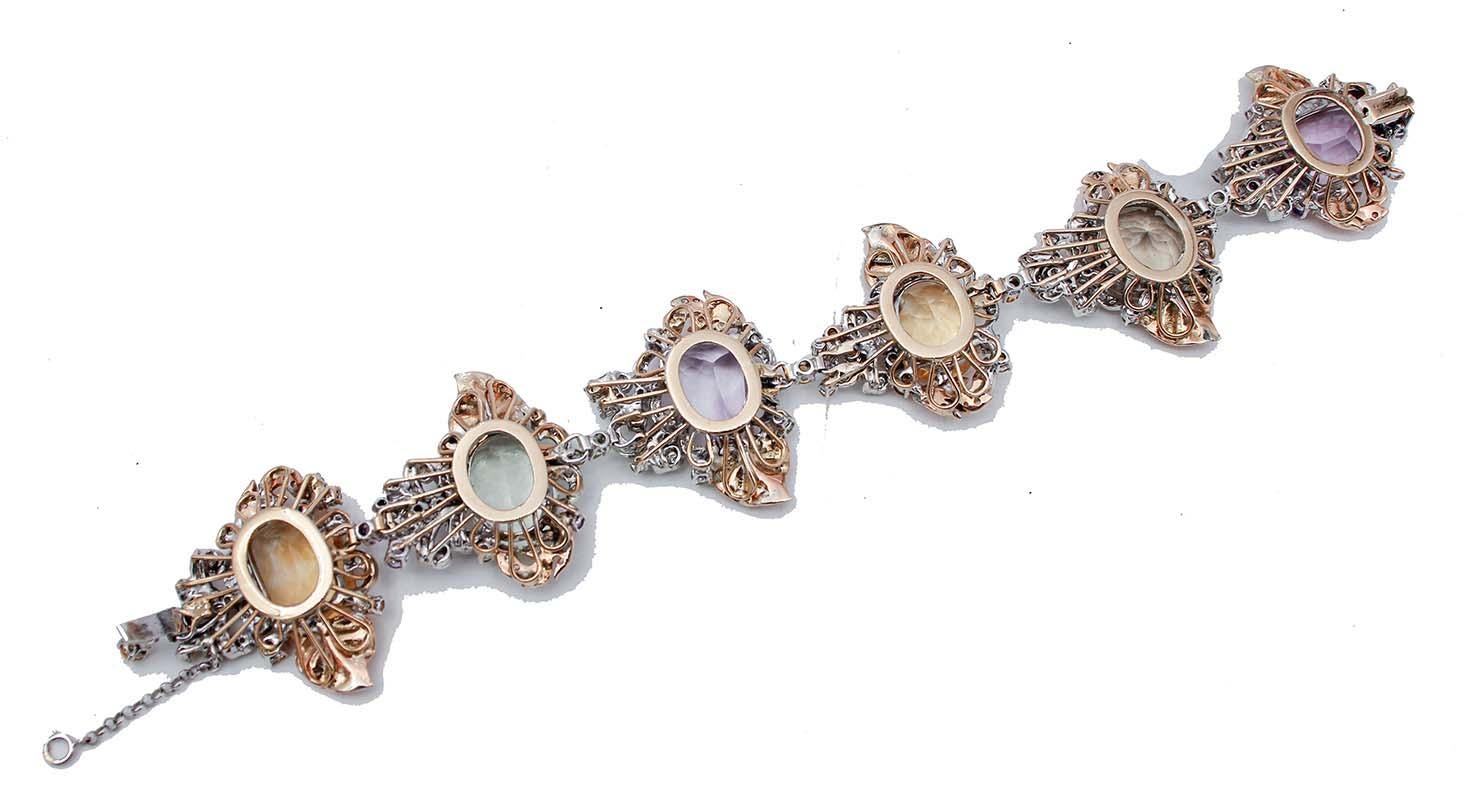 Retro Amethysts, Topazs, Green Amethyst, Peridots, Rose Gold and White Gold Bracelet For Sale