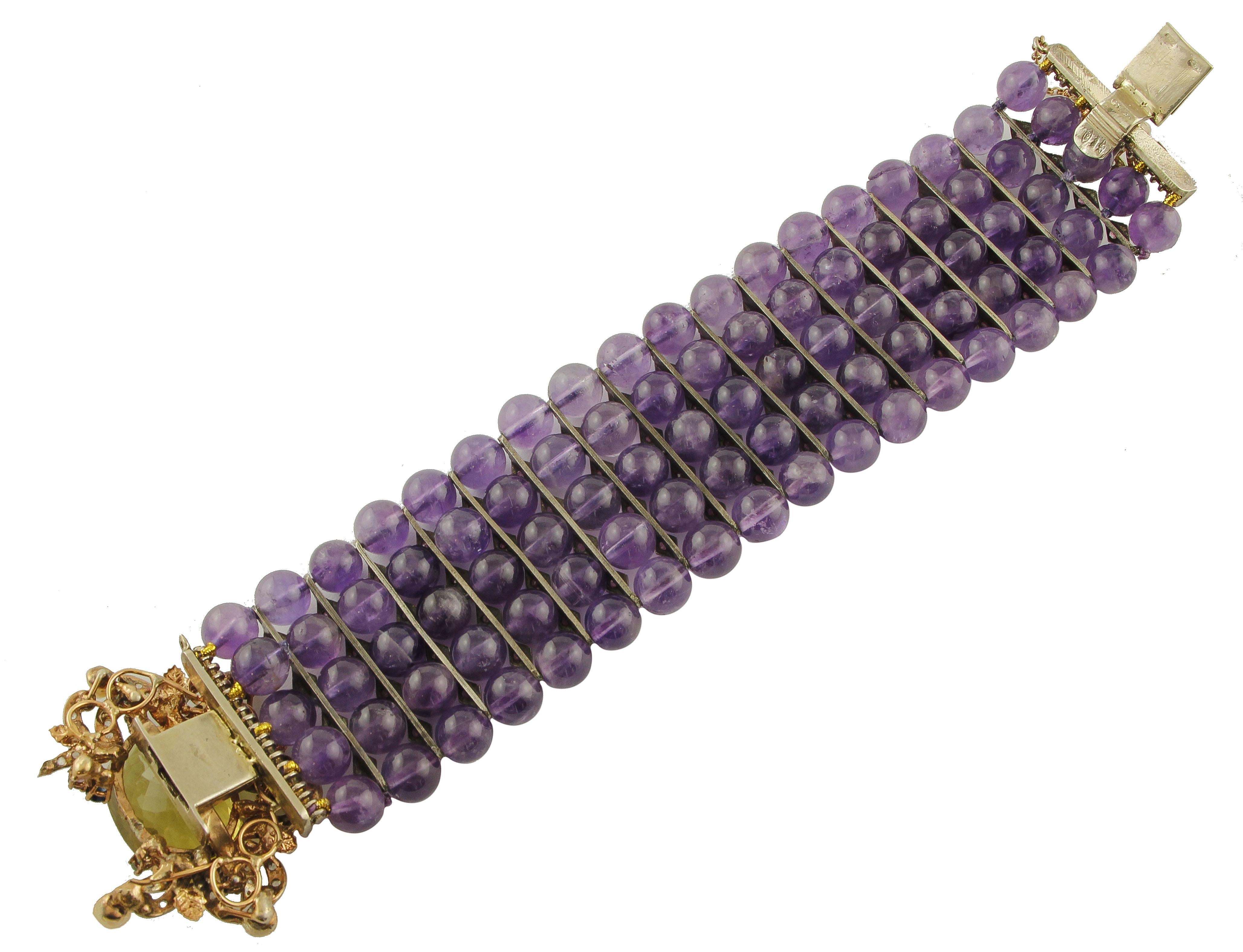 Mixed Cut Amethyst Topaz Diamond Ruby Emeralds Sapphire Pearls Gold and Silver Bracelet For Sale