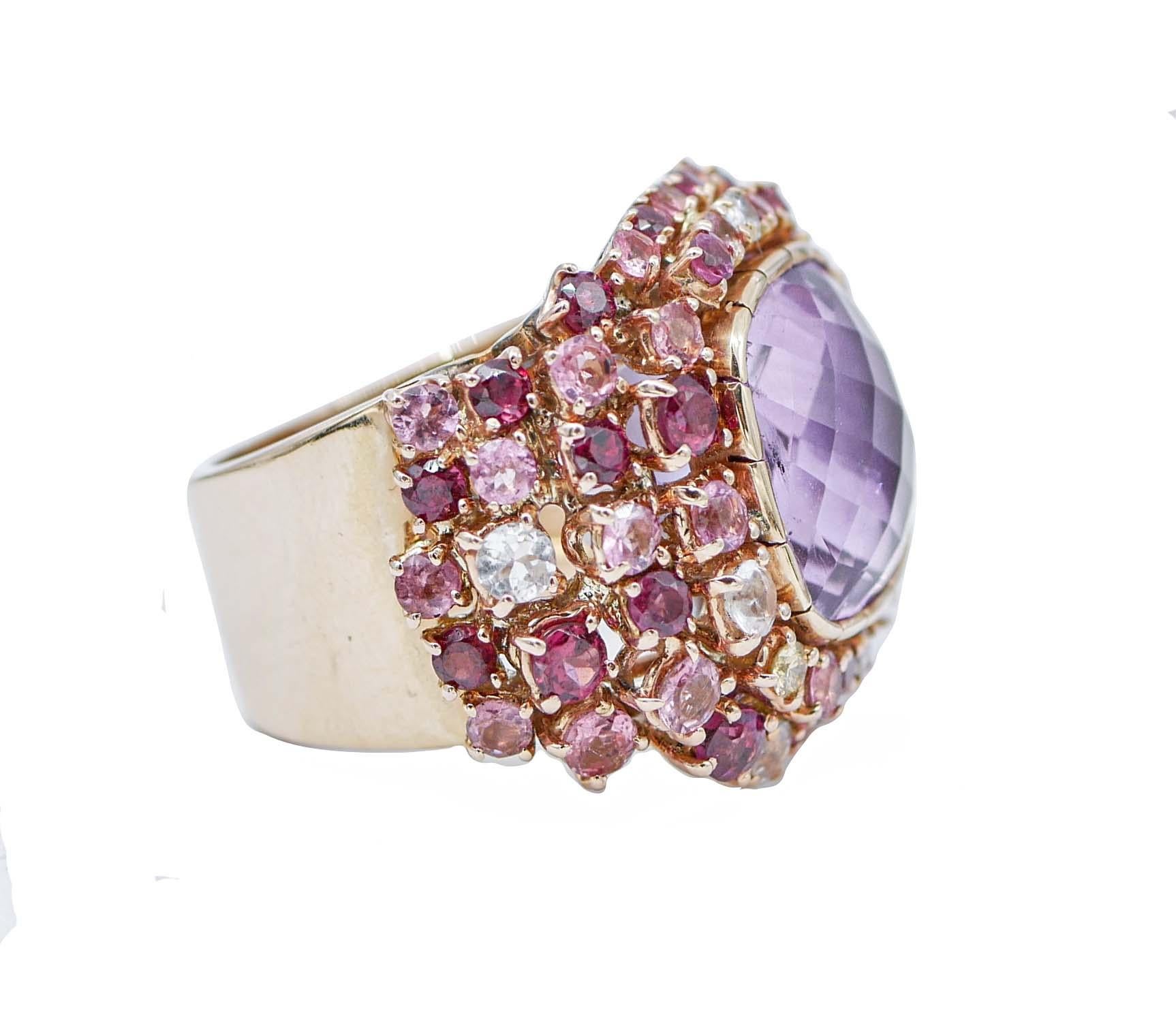 SHIPPING POLICY:
No additional costs will be added to this order.
Shipping costs will be totally covered by the seller (customs duties included).

Amazing retrò ring in 14 kt rose gold structure mounted with a central amethyst ( 15 mm x 15 mm)