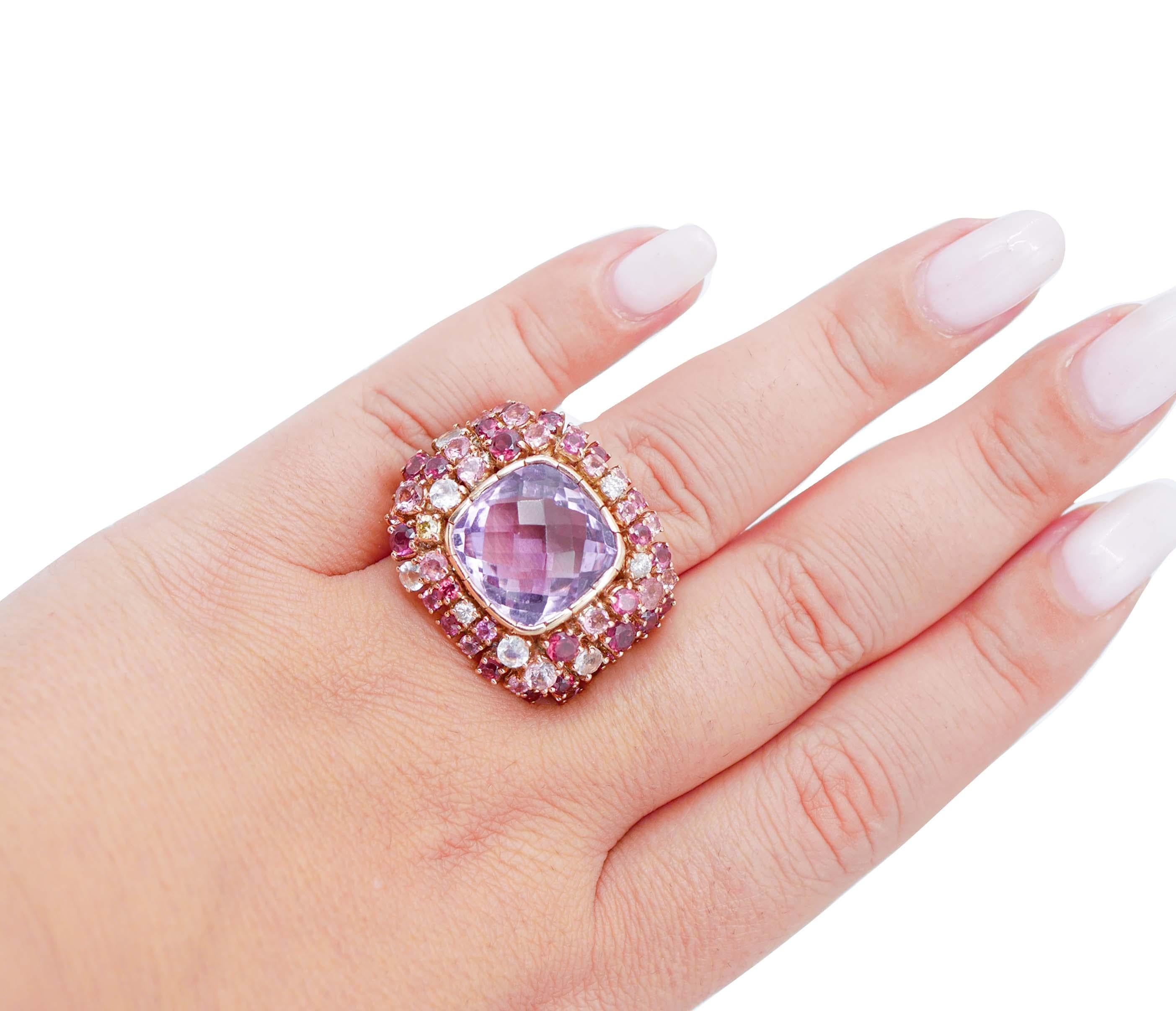 Amethyst, Tourmaline, Diamonds, 14 Karat Rose Gold Ring In Good Condition In Marcianise, Marcianise (CE)