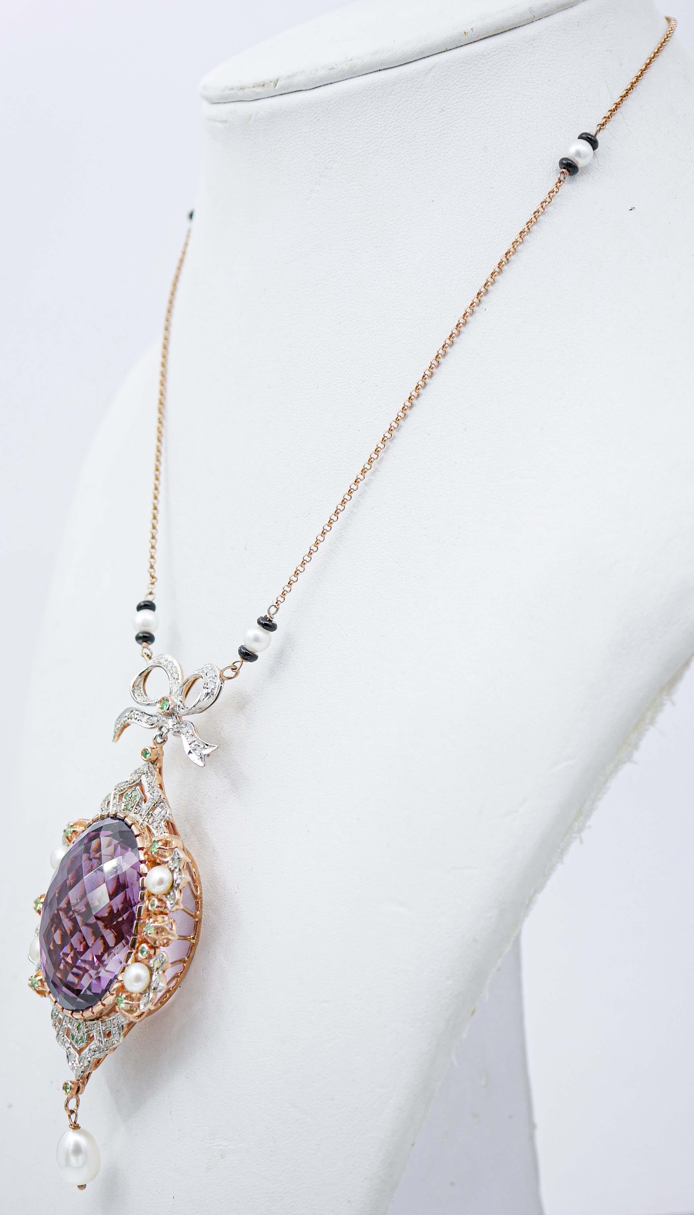 Retro Amethyst, Tsavorite, Diamonds, Onyx, Pearls,  Gold and Silver Pendant Necklace For Sale