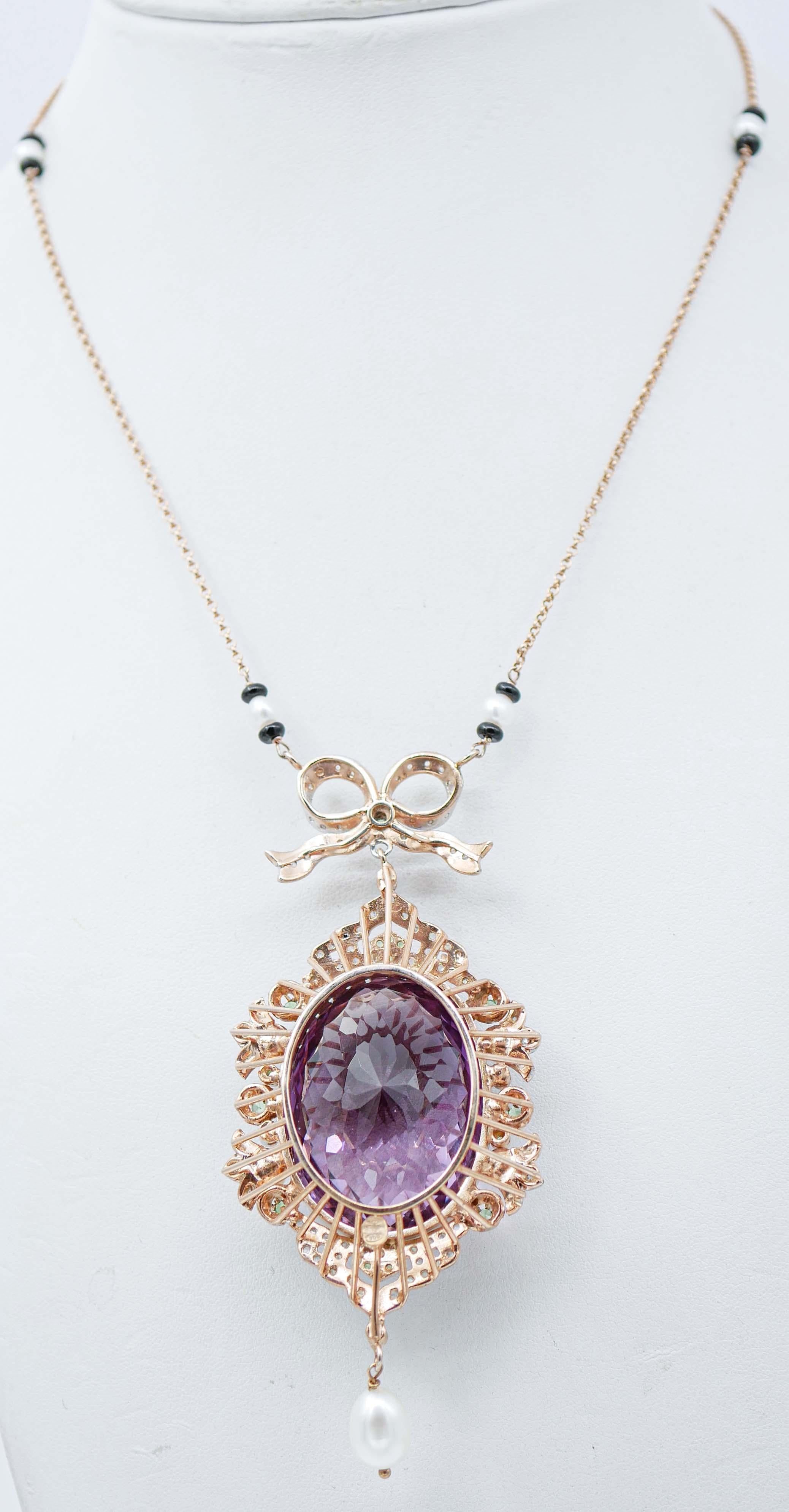 Mixed Cut Amethyst, Tsavorite, Diamonds, Onyx, Pearls,  Gold and Silver Pendant Necklace For Sale