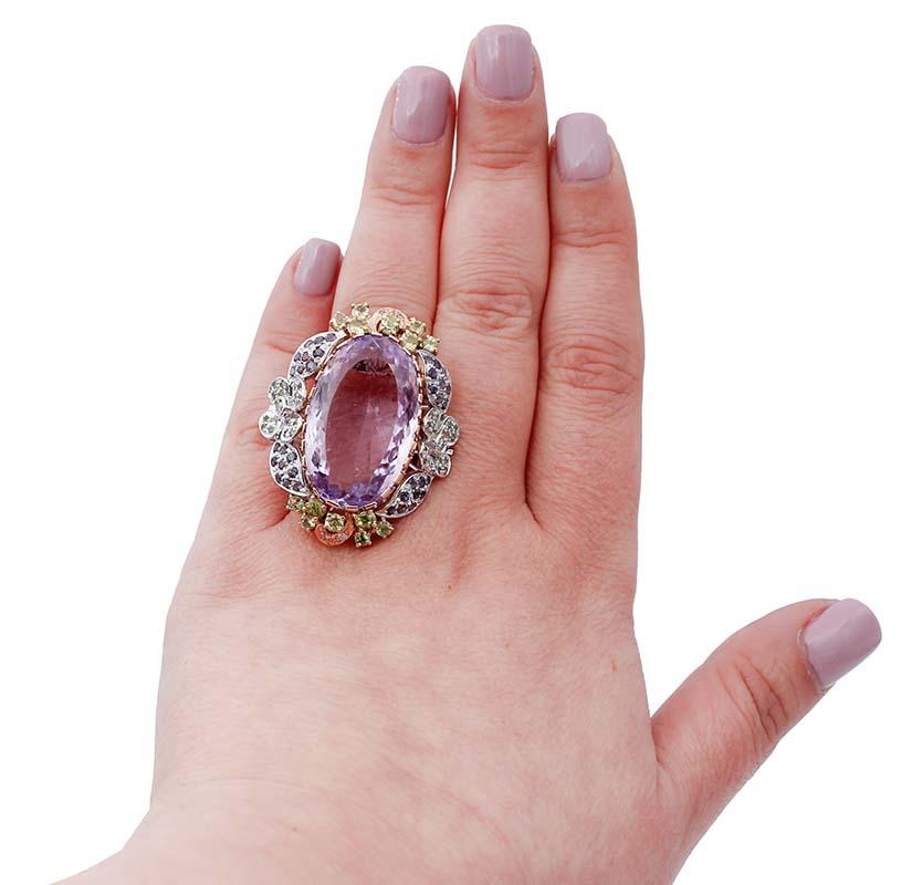 Mixed Cut Amethyst, Tsavorite, Iolite, Peridots, Diamonds, 14 Kt White and Rose Gold Ring For Sale