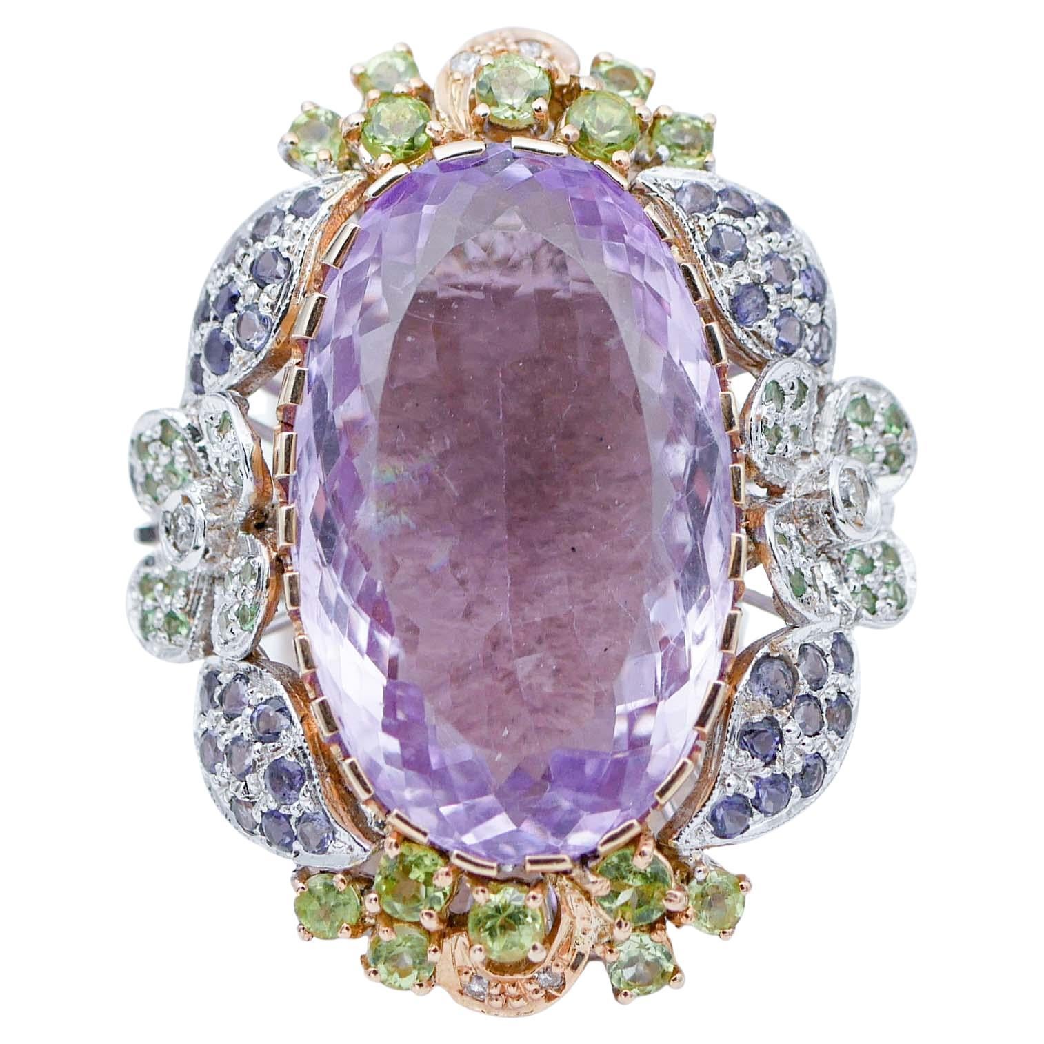 Amethyst, Tsavorite, Iolite, Peridots, Diamonds, 14 Kt White and Rose Gold Ring